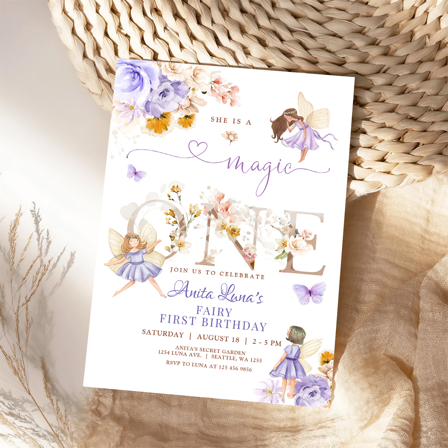 Purple Fairy Magic One Birthday Butterfly Magical Invitation - Image 4