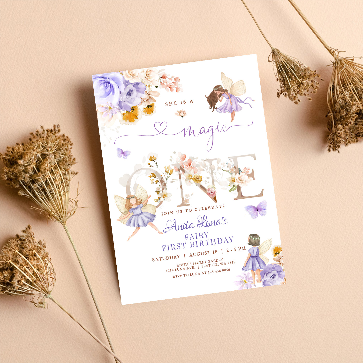 Purple Fairy Magic One Birthday Butterfly Magical Invitation - Image 8