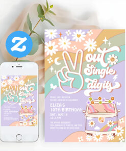 Purple Peace Out Single Digit Groovy 10th Birthday Invitation