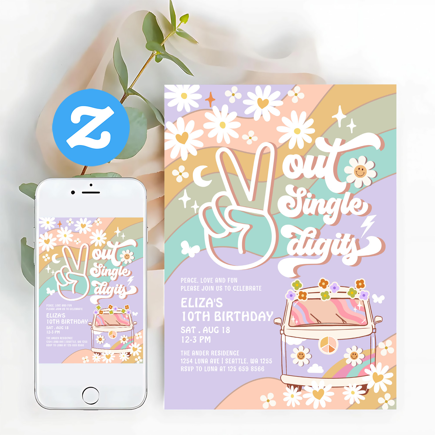 Purple Peace Out Single Digit Groovy 10th Birthday Invitation