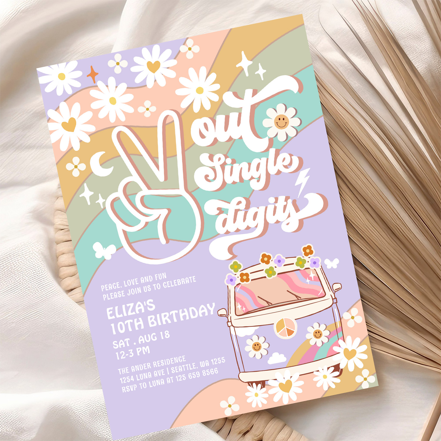 Purple Peace Out Single Digit Groovy 10th Birthday Invitation - Image 10