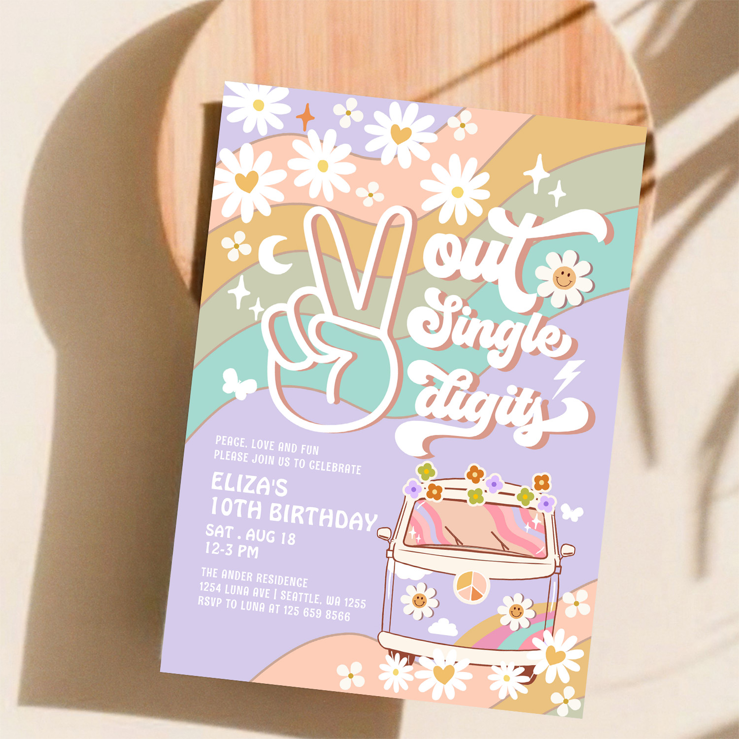 Purple Peace Out Single Digit Groovy 10th Birthday Invitation - Image 11