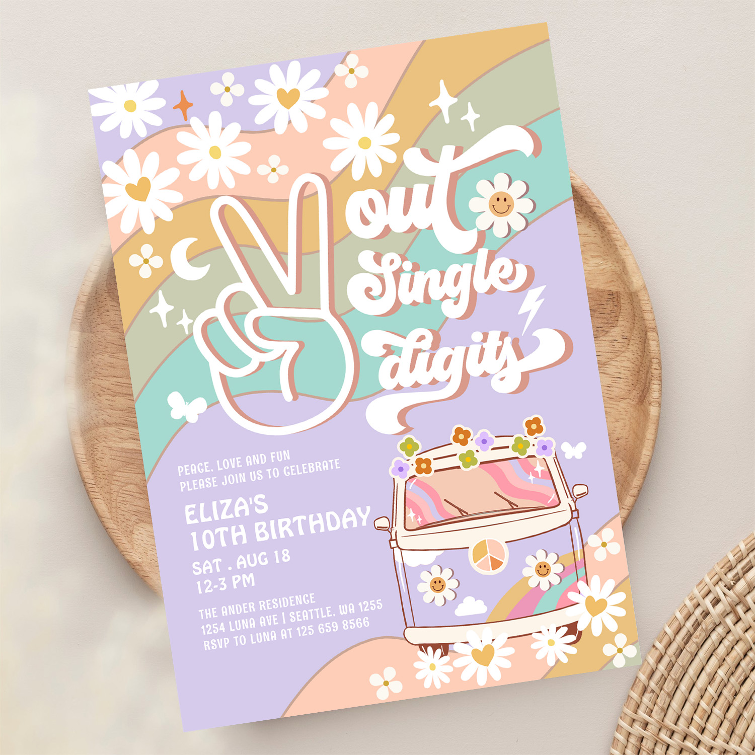 Purple Peace Out Single Digit Groovy 10th Birthday Invitation - Image 13