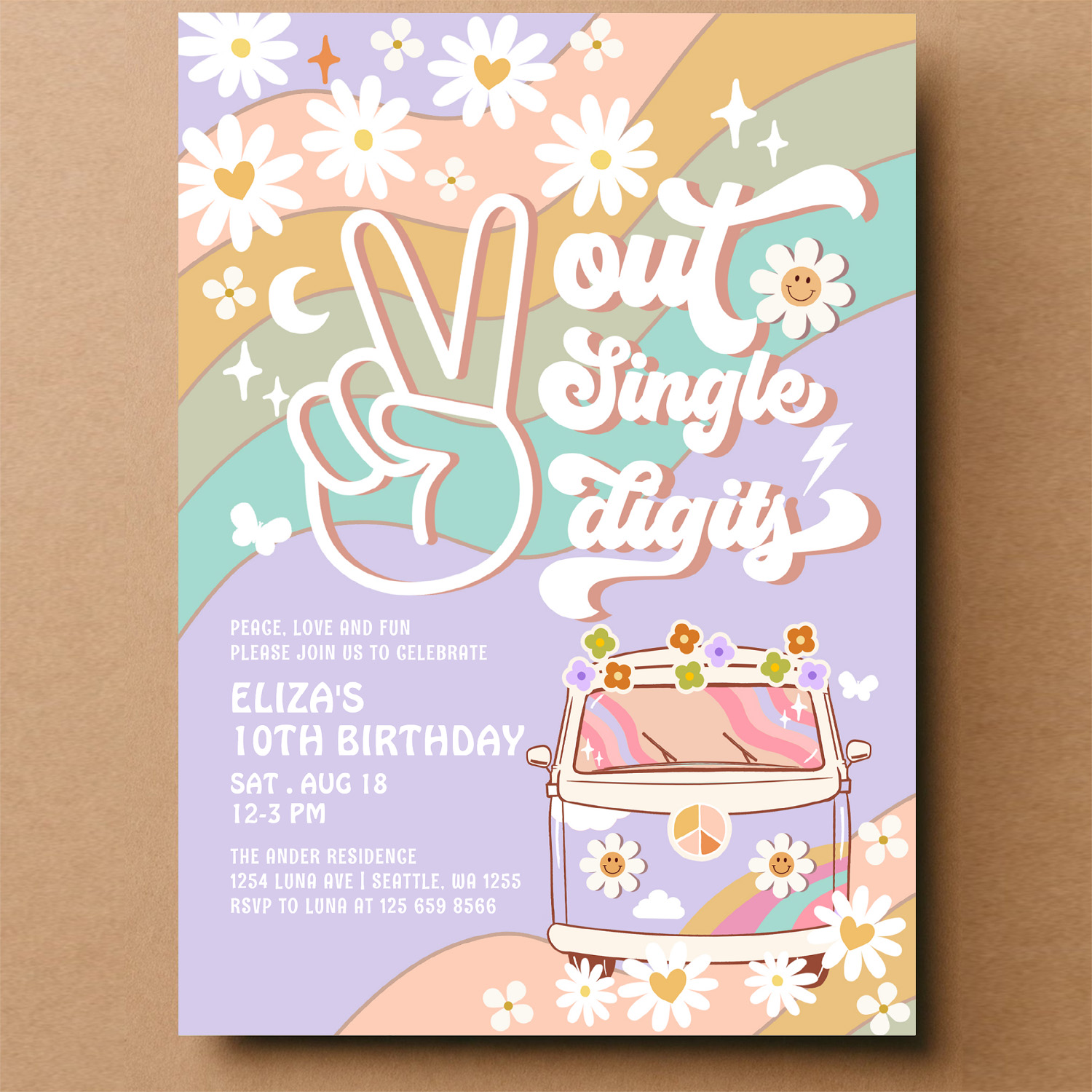 Purple Peace Out Single Digit Groovy 10th Birthday Invitation - Image 14