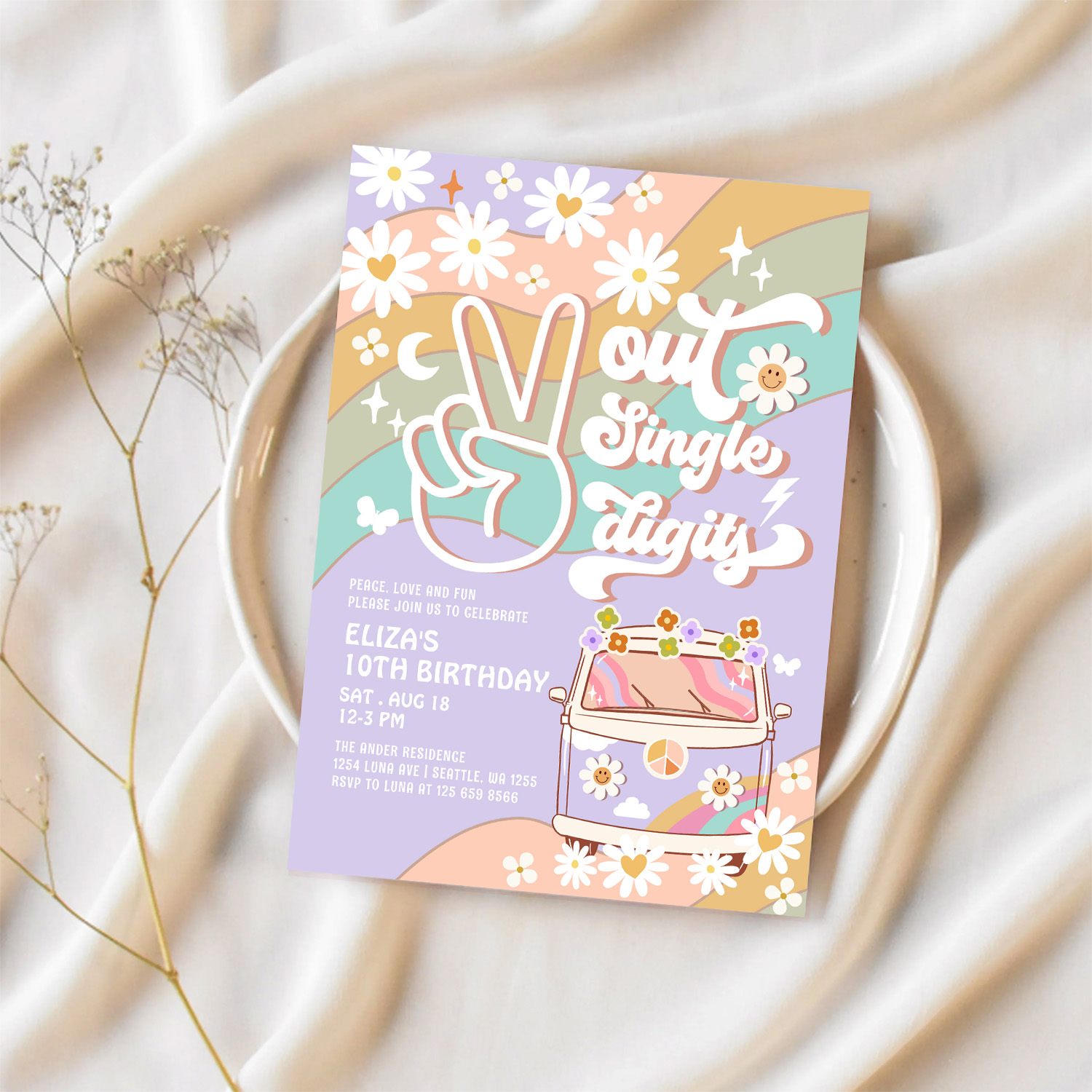 Purple Peace Out Single Digit Groovy 10th Birthday Invitation - Image 2