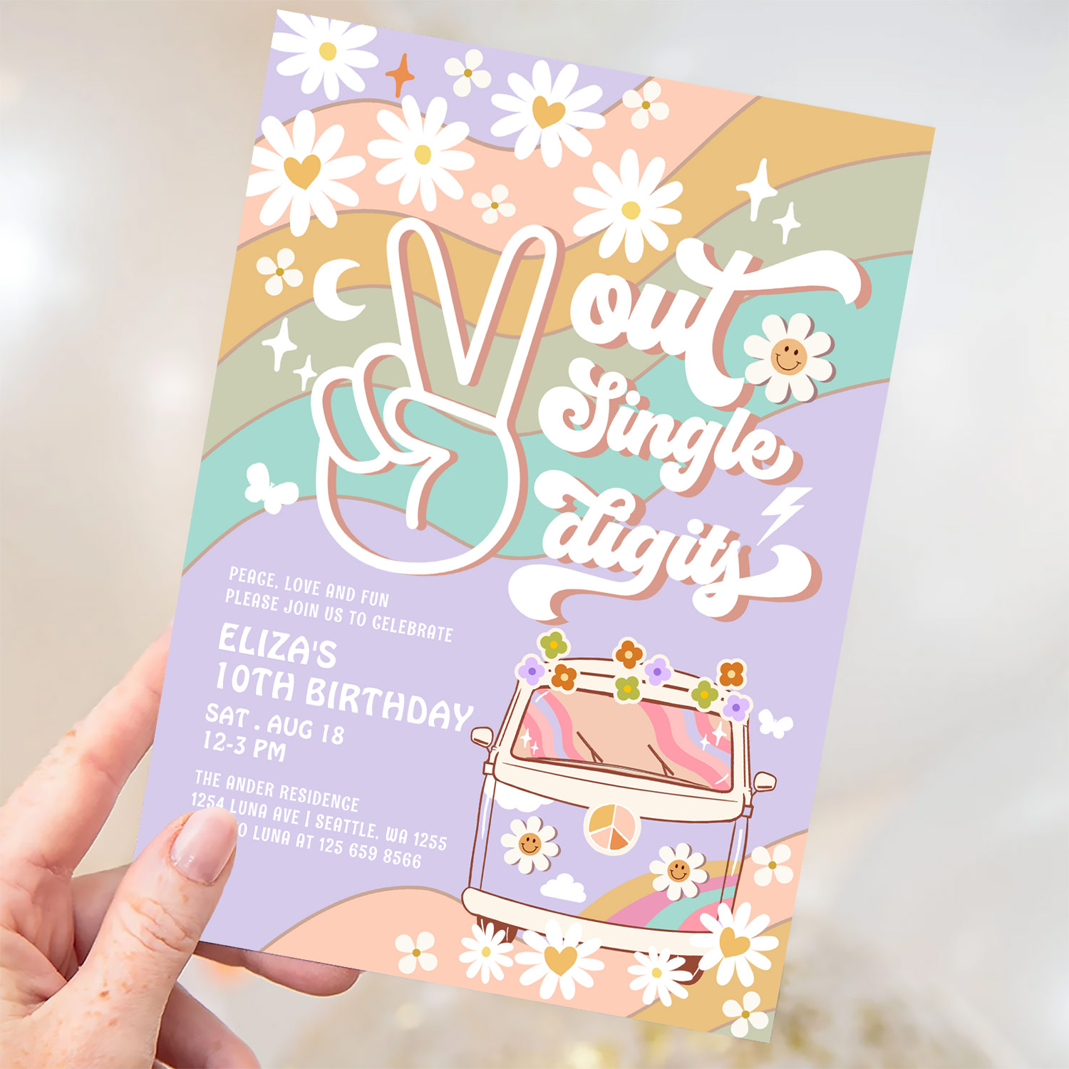 Purple Peace Out Single Digit Groovy 10th Birthday Invitation - Image 3