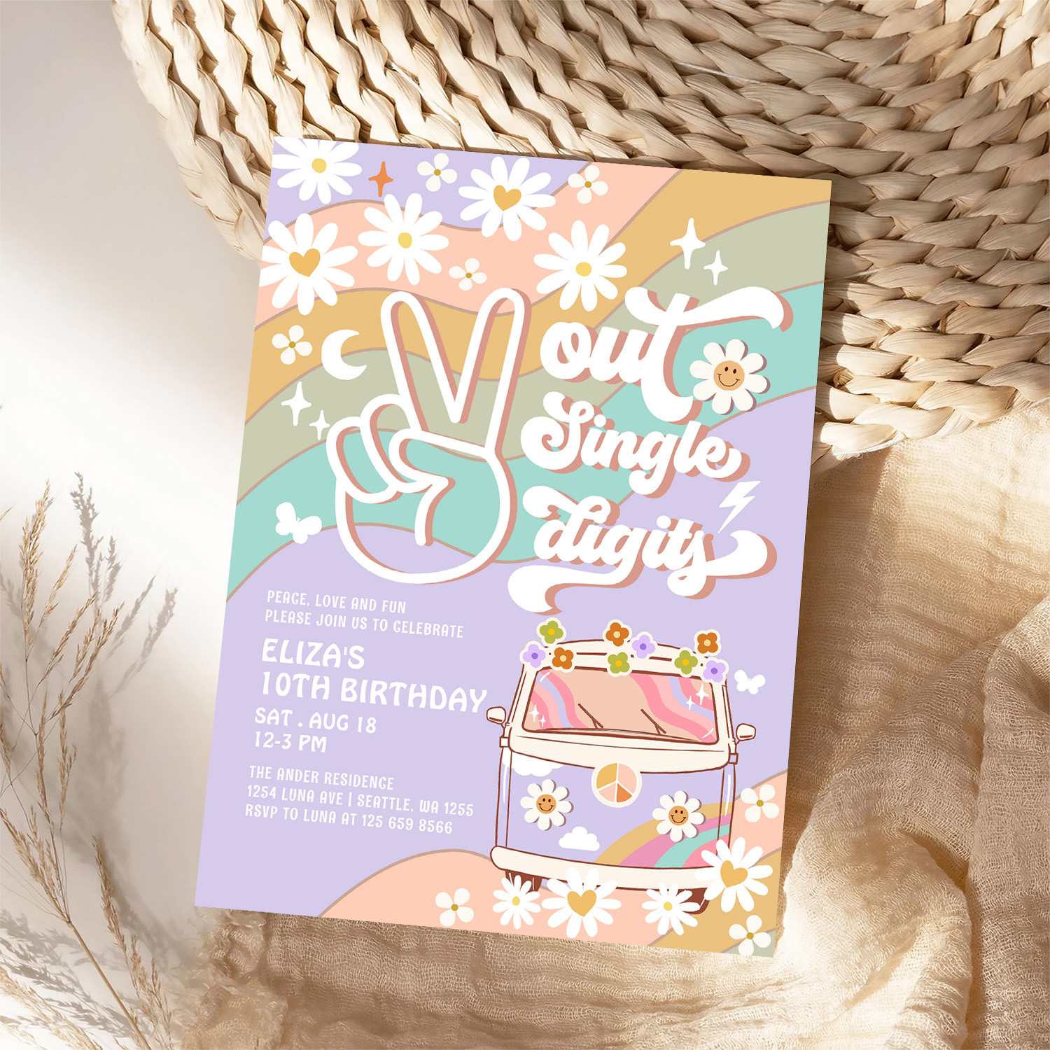 Purple Peace Out Single Digit Groovy 10th Birthday Invitation - Image 4