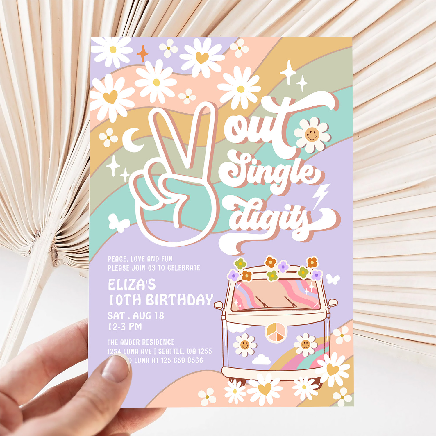 Purple Peace Out Single Digit Groovy 10th Birthday Invitation - Image 5