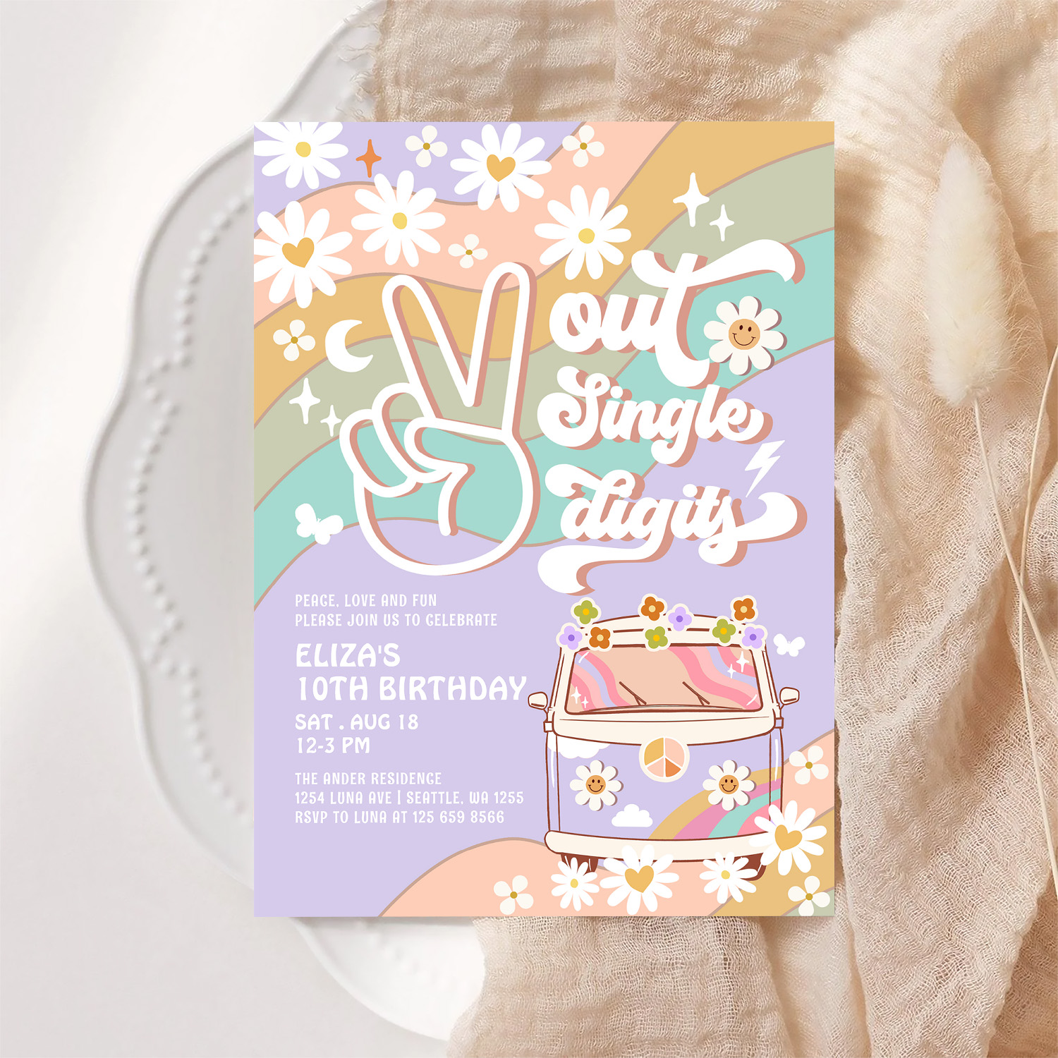 Purple Peace Out Single Digit Groovy 10th Birthday Invitation - Image 6