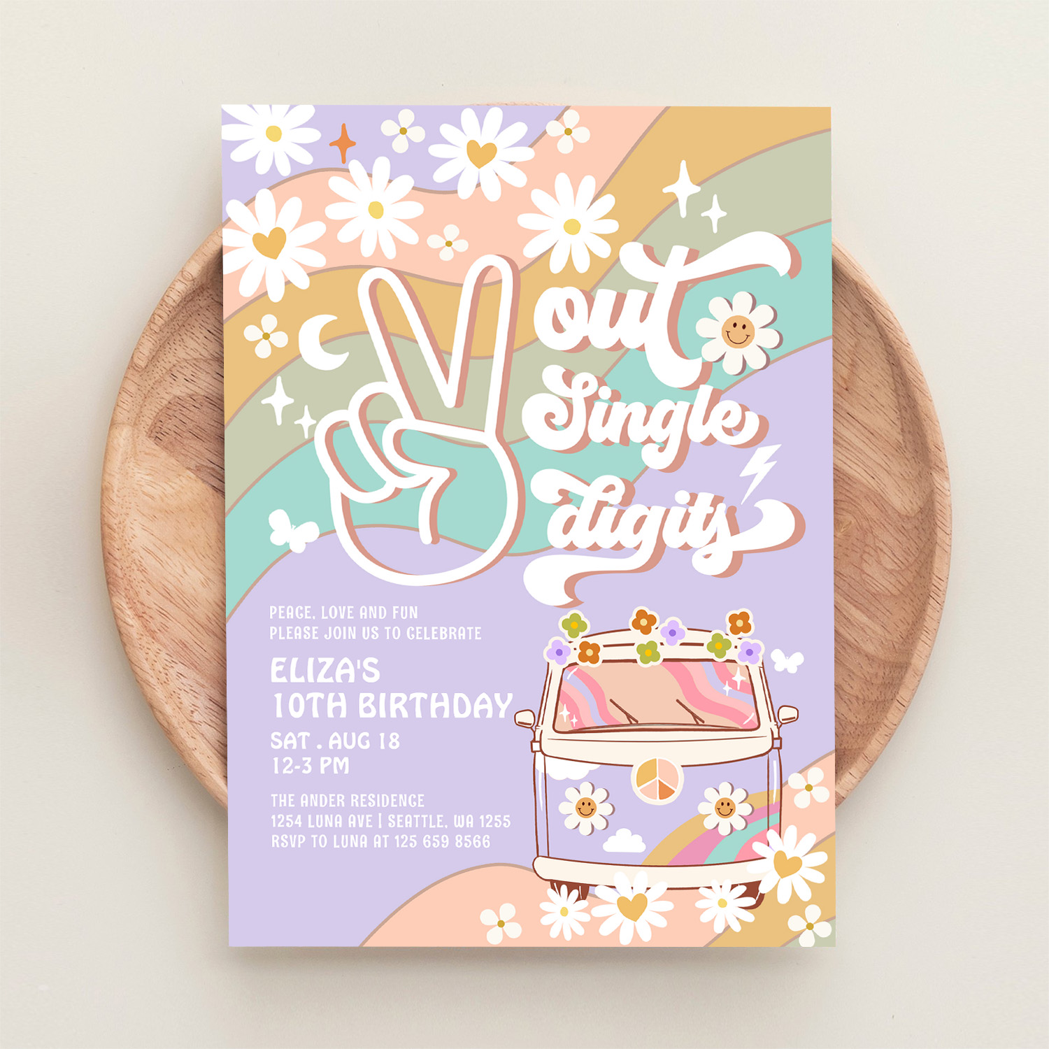 Purple Peace Out Single Digit Groovy 10th Birthday Invitation - Image 7