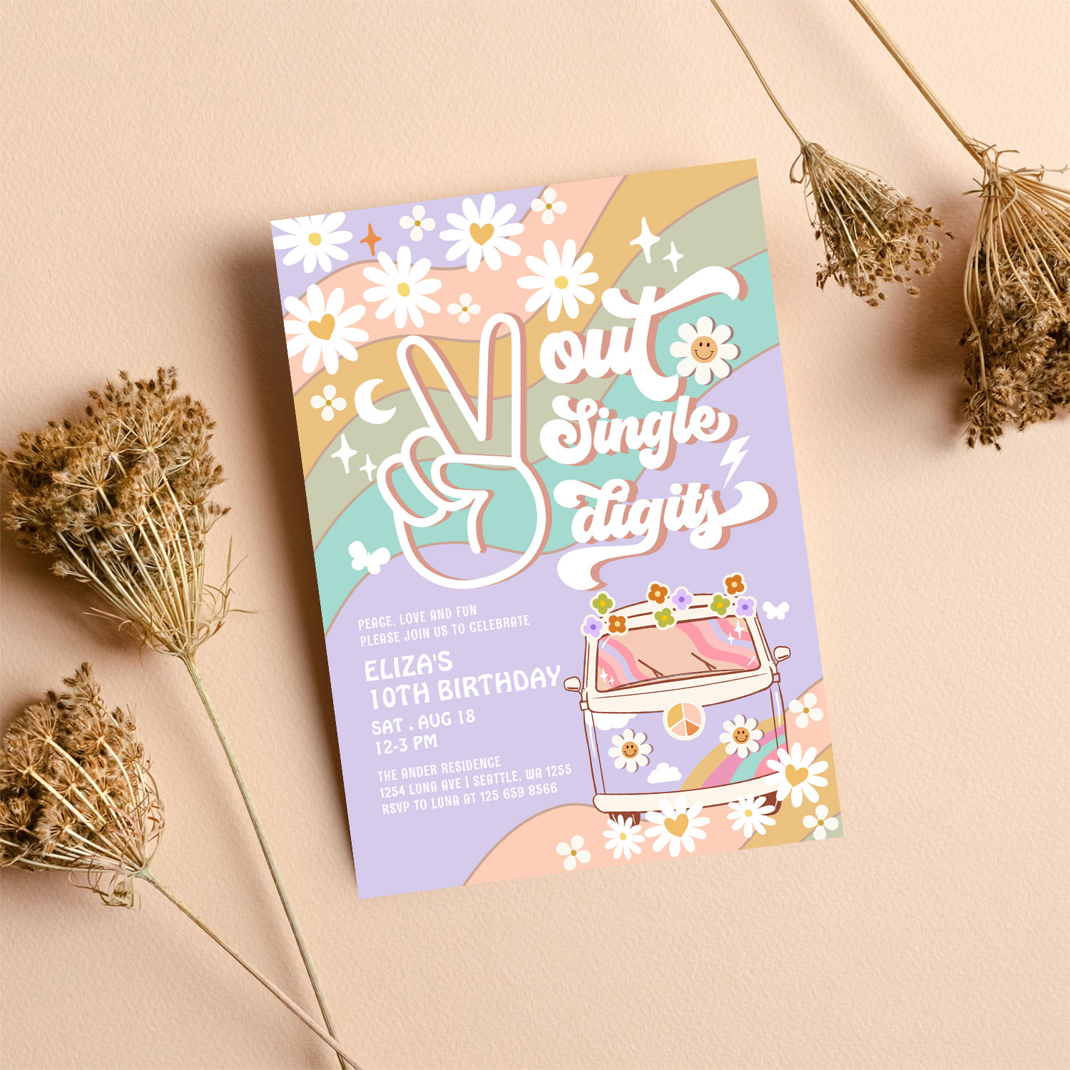 Purple Peace Out Single Digit Groovy 10th Birthday Invitation - Image 8