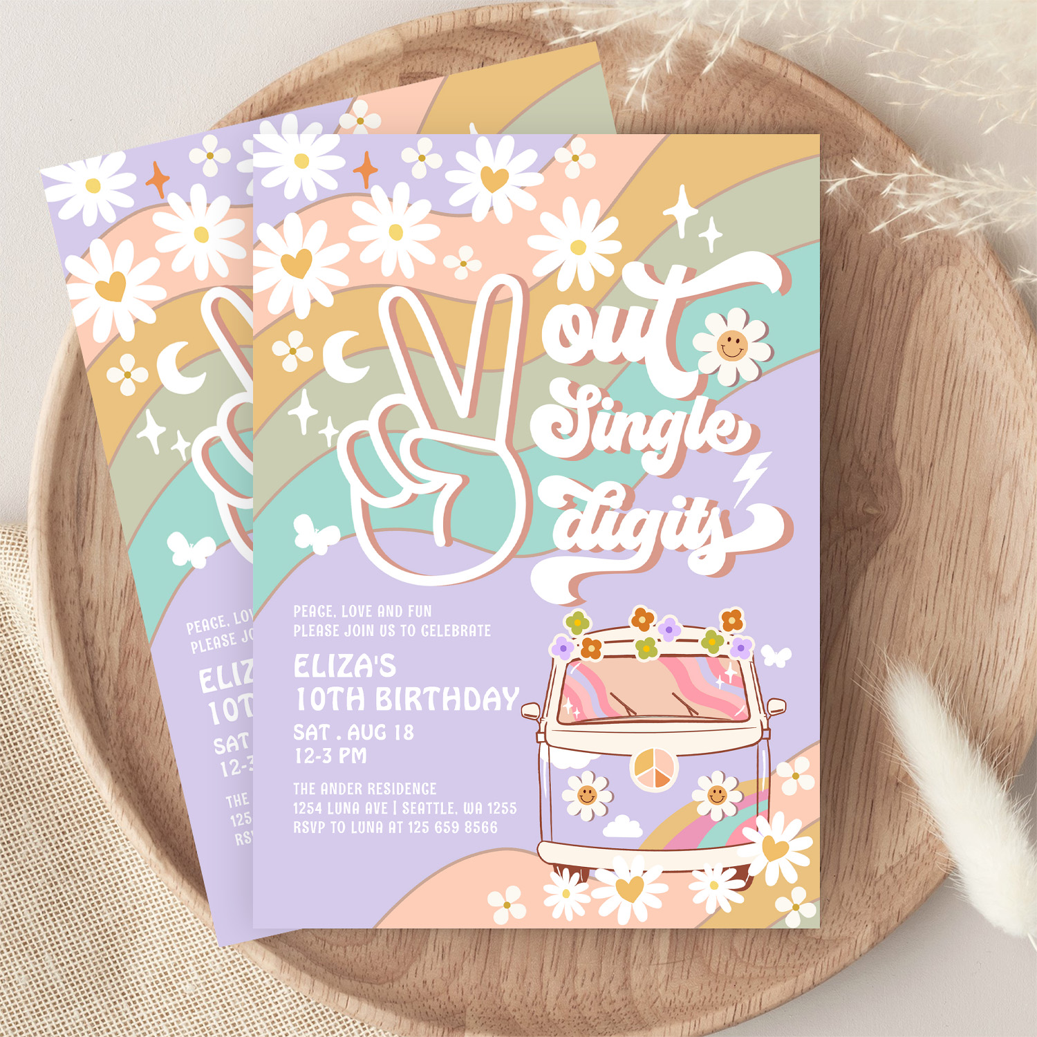 Purple Peace Out Single Digit Groovy 10th Birthday Invitation - Image 9