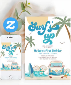 Retro Boy Any Age Surfs Up Surfing Birthday Party Invitation
