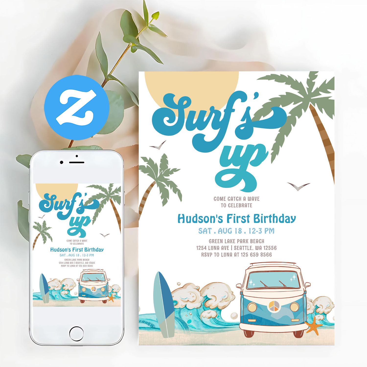 Retro Boy Any Age Surfs Up Surfing Birthday Party Invitation