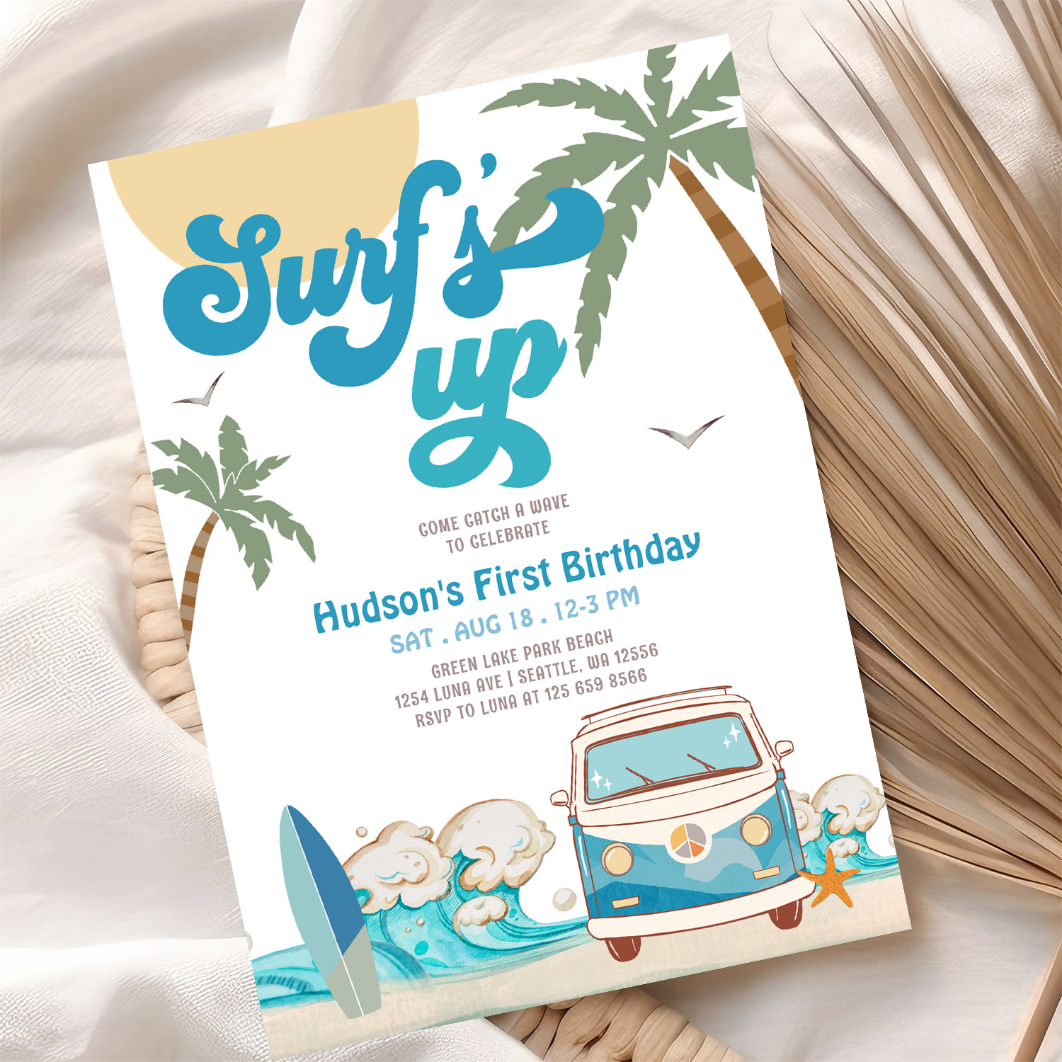 Retro Boy Any Age Surfs Up Surfing Birthday Party Invitation - Image 10