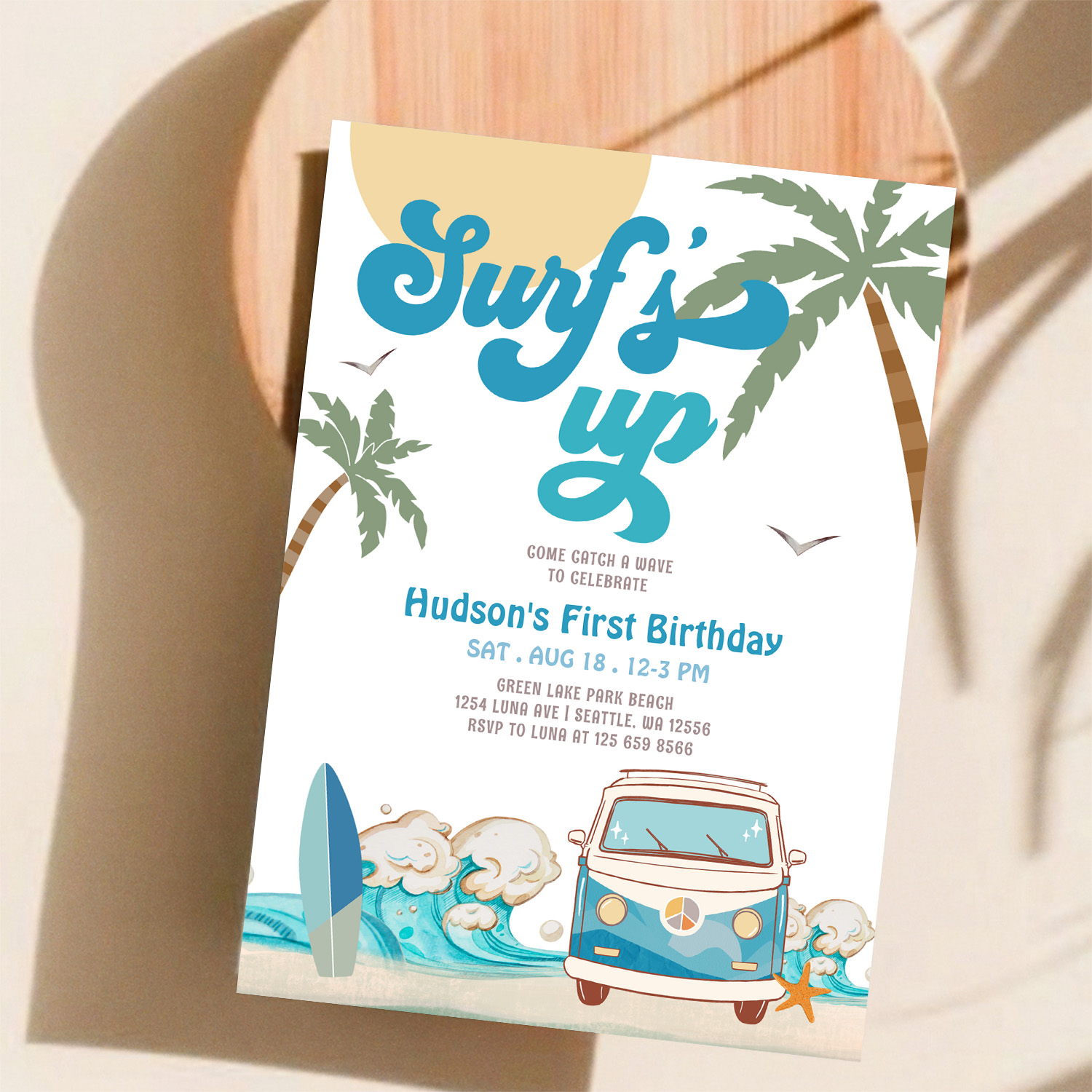 Retro Boy Any Age Surfs Up Surfing Birthday Party Invitation - Image 11