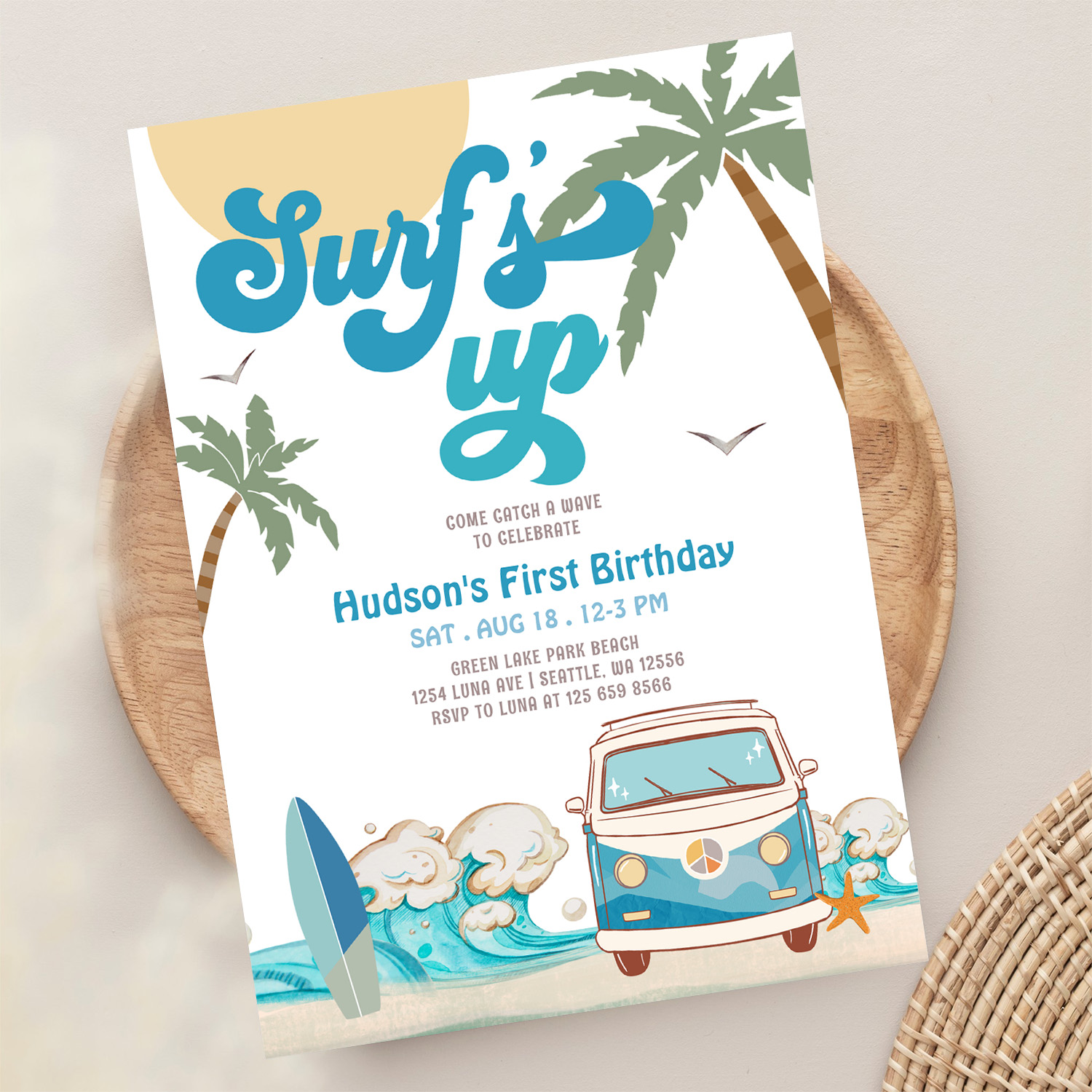 Retro Boy Any Age Surfs Up Surfing Birthday Party Invitation - Image 13