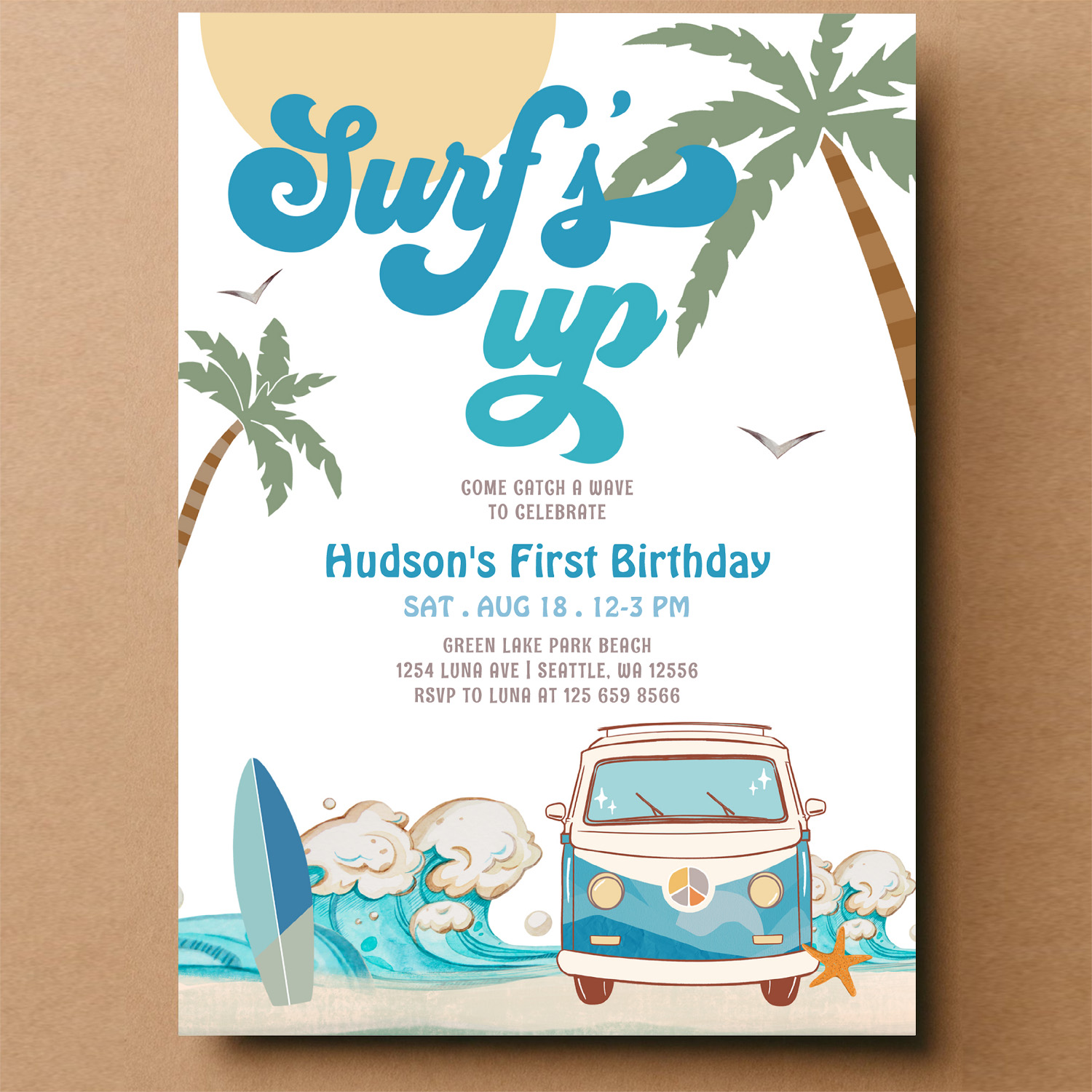 Retro Boy Any Age Surfs Up Surfing Birthday Party Invitation - Image 14
