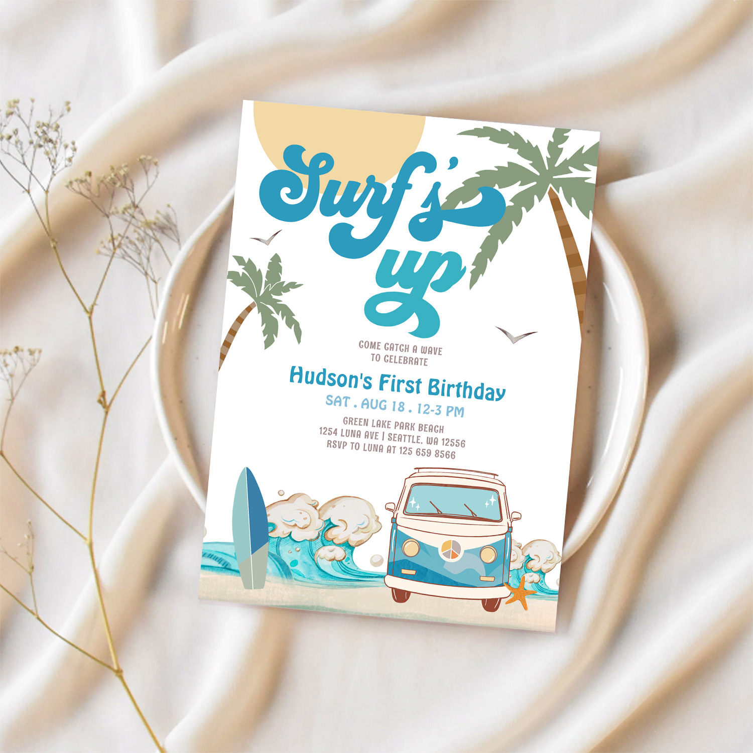 Retro Boy Any Age Surfs Up Surfing Birthday Party Invitation - Image 2