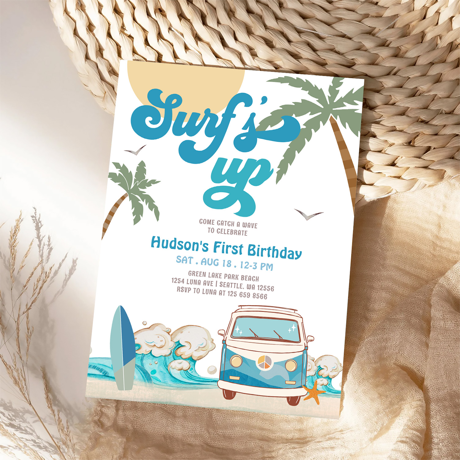 Retro Boy Any Age Surfs Up Surfing Birthday Party Invitation - Image 4