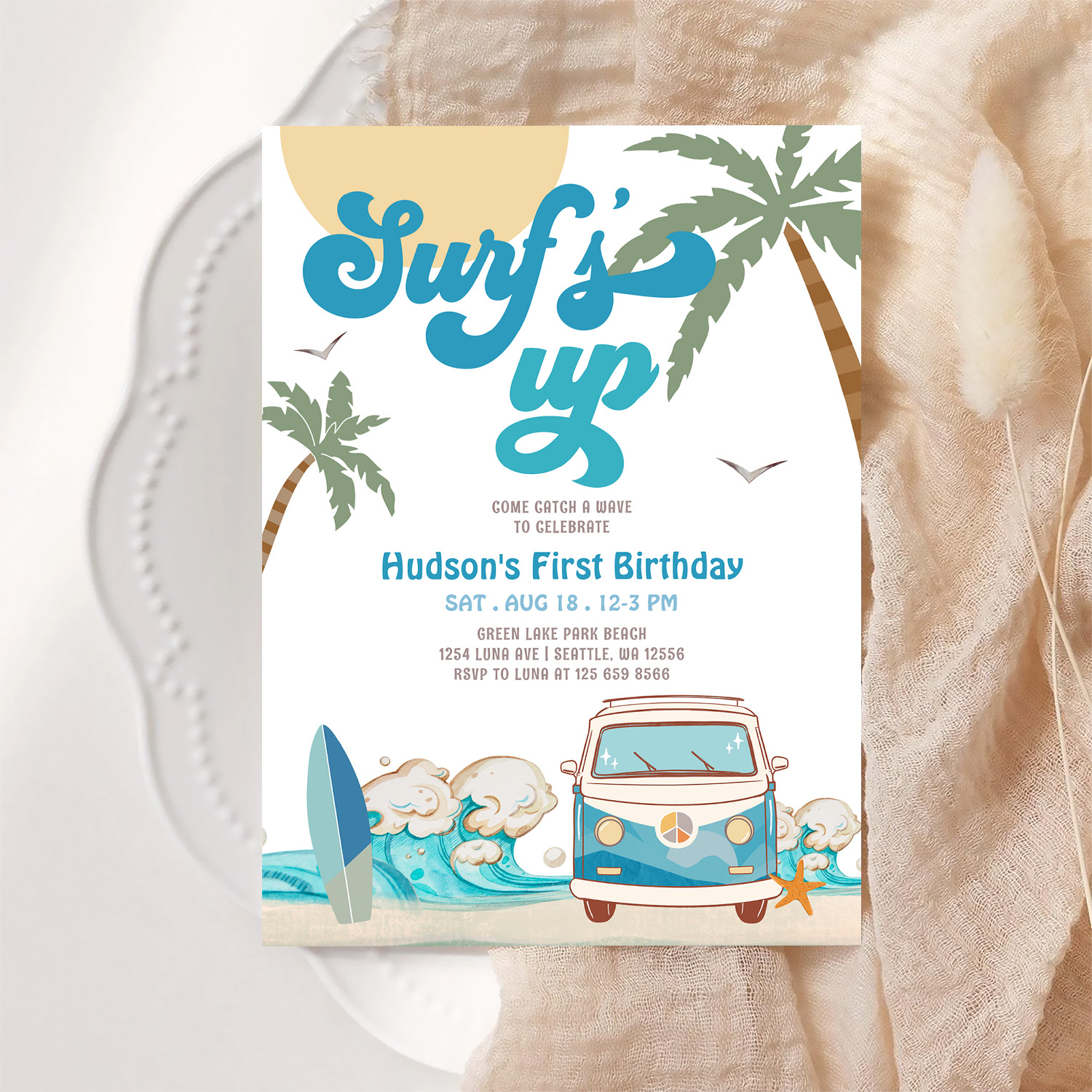Retro Boy Any Age Surfs Up Surfing Birthday Party Invitation - Image 6