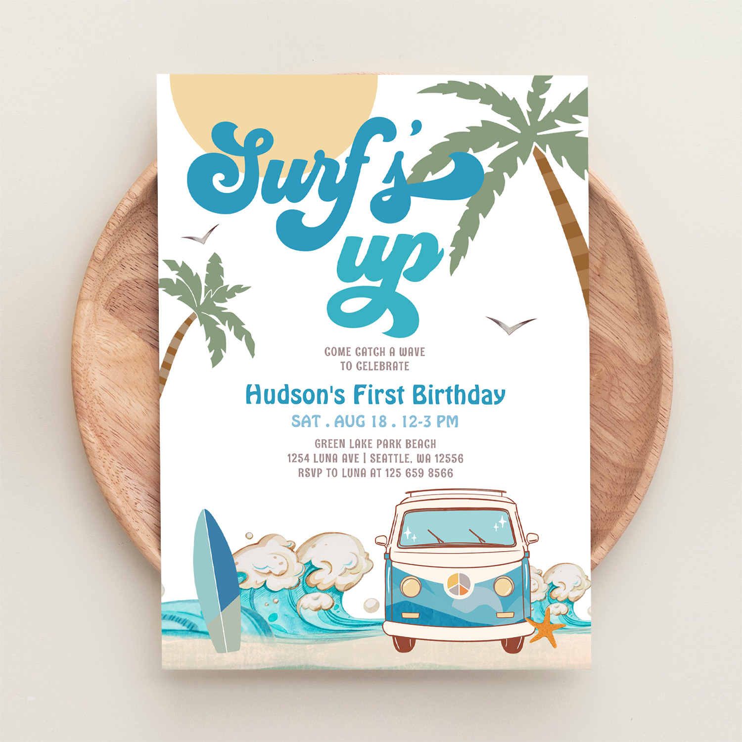 Retro Boy Any Age Surfs Up Surfing Birthday Party Invitation - Image 7