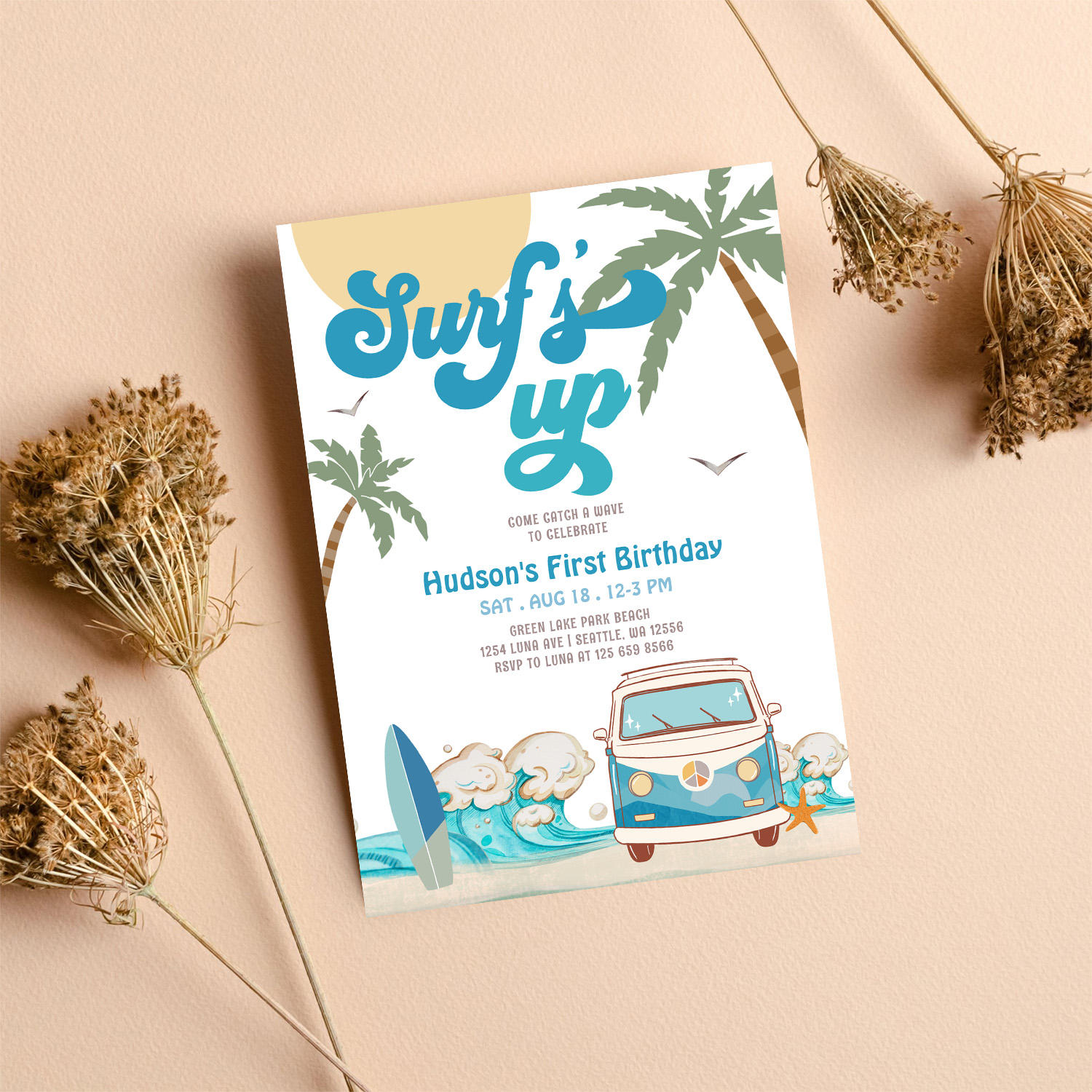 Retro Boy Any Age Surfs Up Surfing Birthday Party Invitation - Image 8