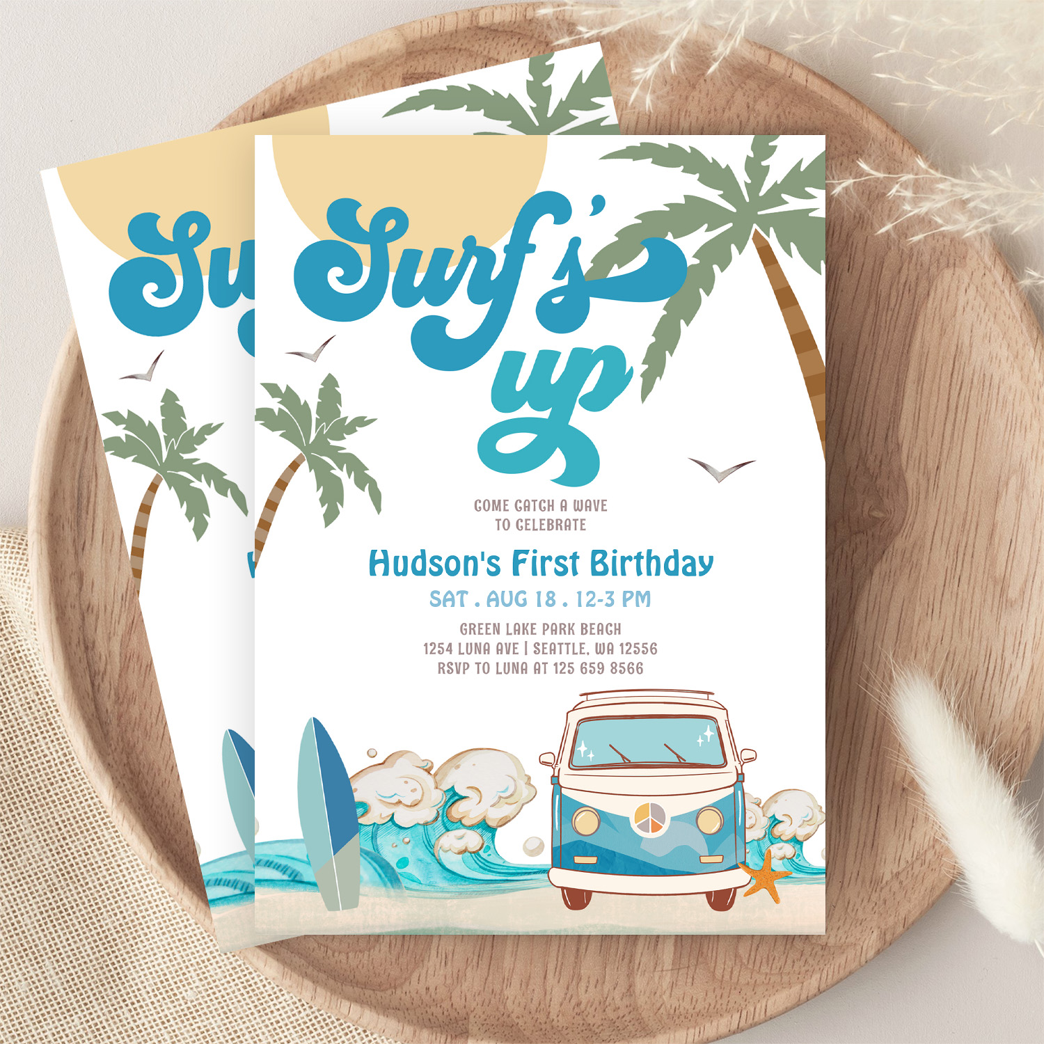 Retro Boy Any Age Surfs Up Surfing Birthday Party Invitation - Image 9