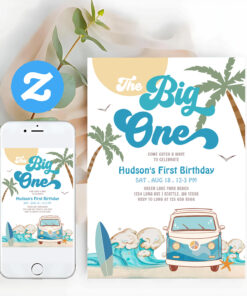 Retro Boy Big One Surfing 1st Birthday Party Invitation