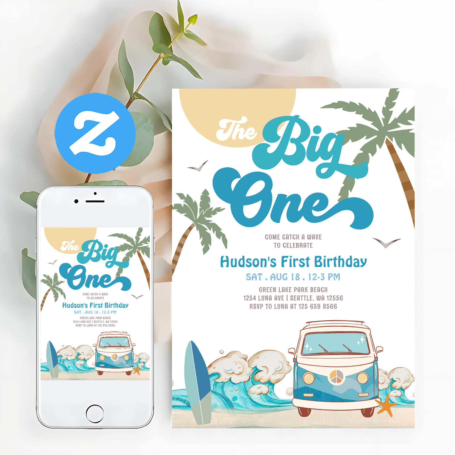 Retro Boy Big One Surfing 1st Birthday Party Invitation