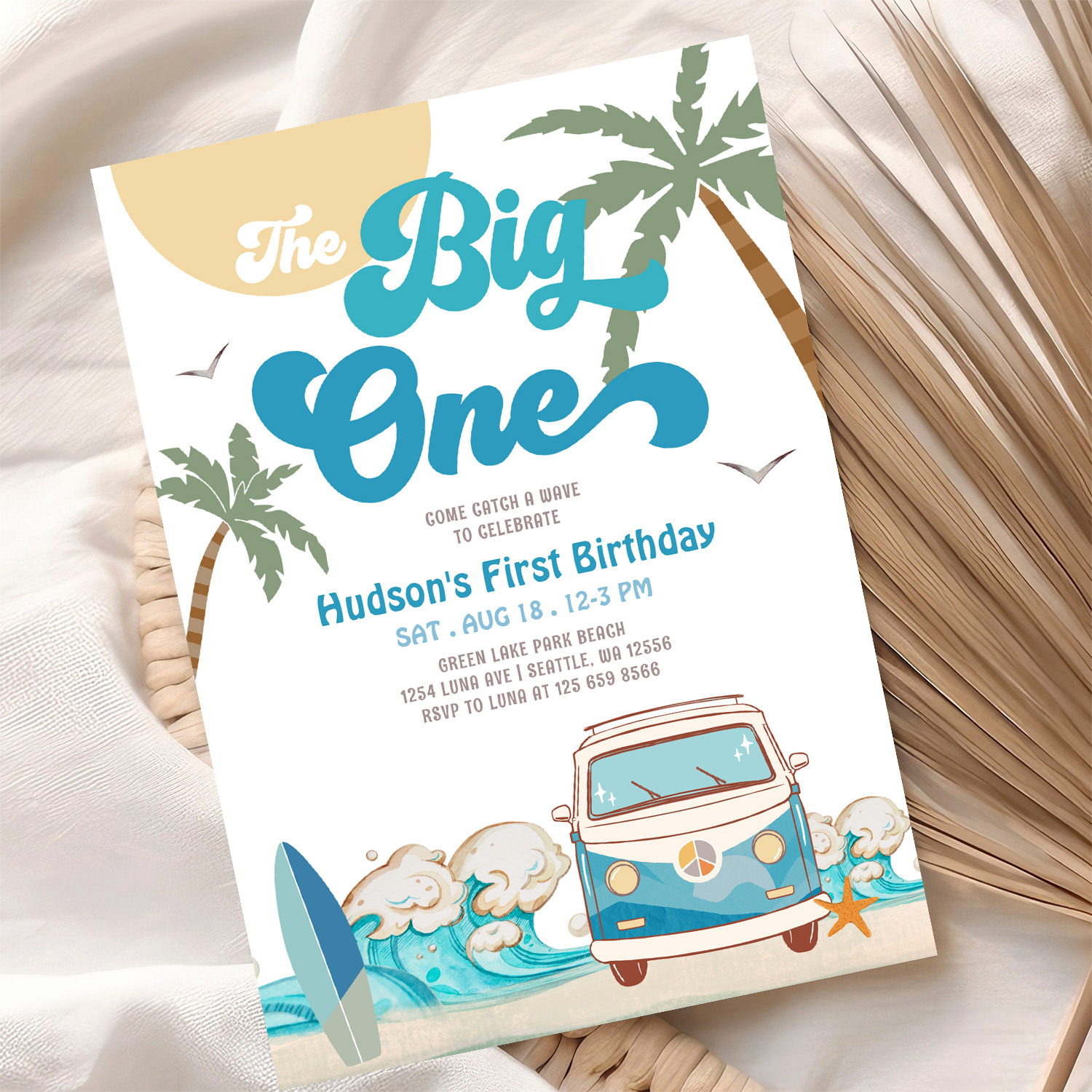 Retro Boy Big One Surfing 1st Birthday Party Invitation - Image 10