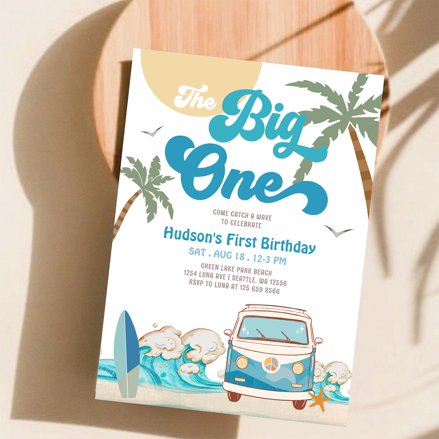 Retro Boy Big One Surfing 1st Birthday Party Invitation - Image 11