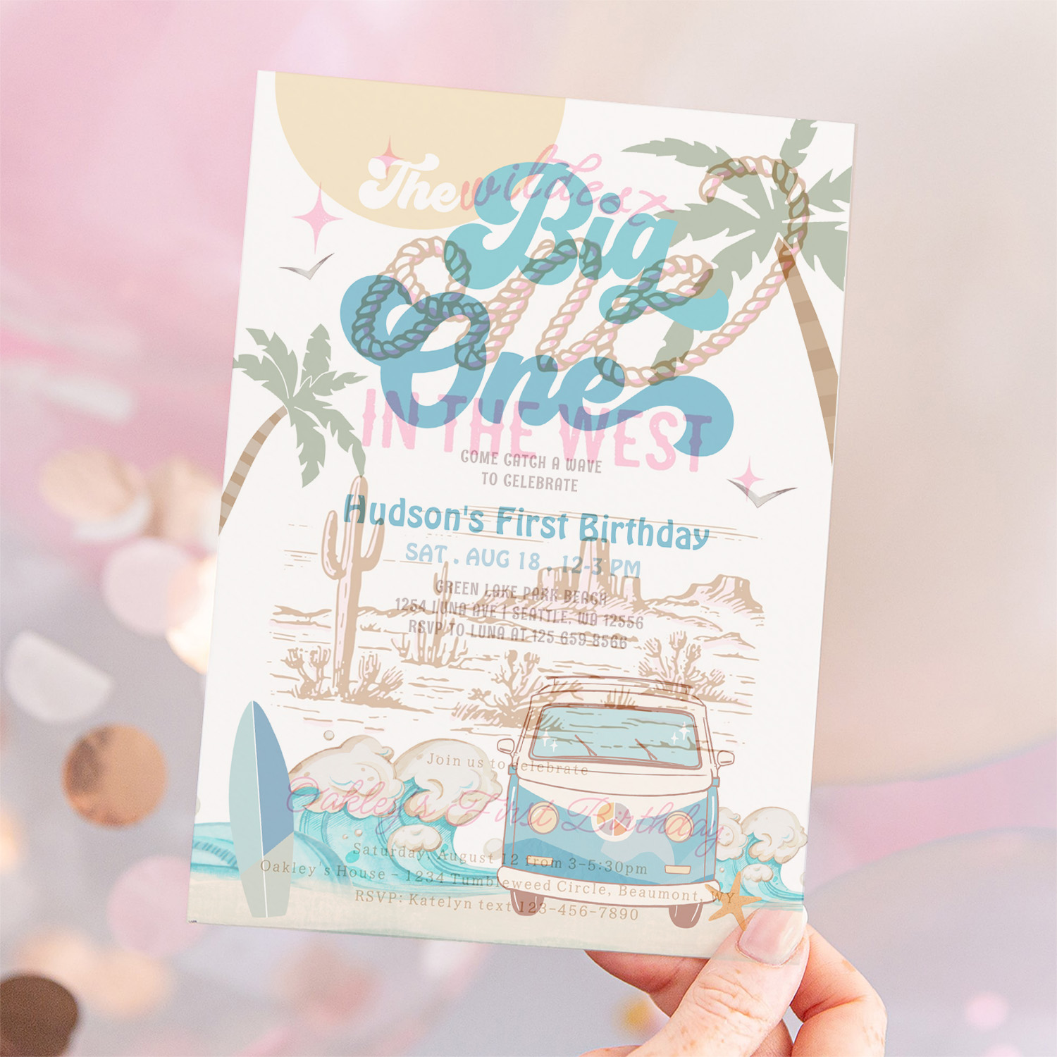 Retro Boy Big One Surfing 1st Birthday Party Invitation - Image 12