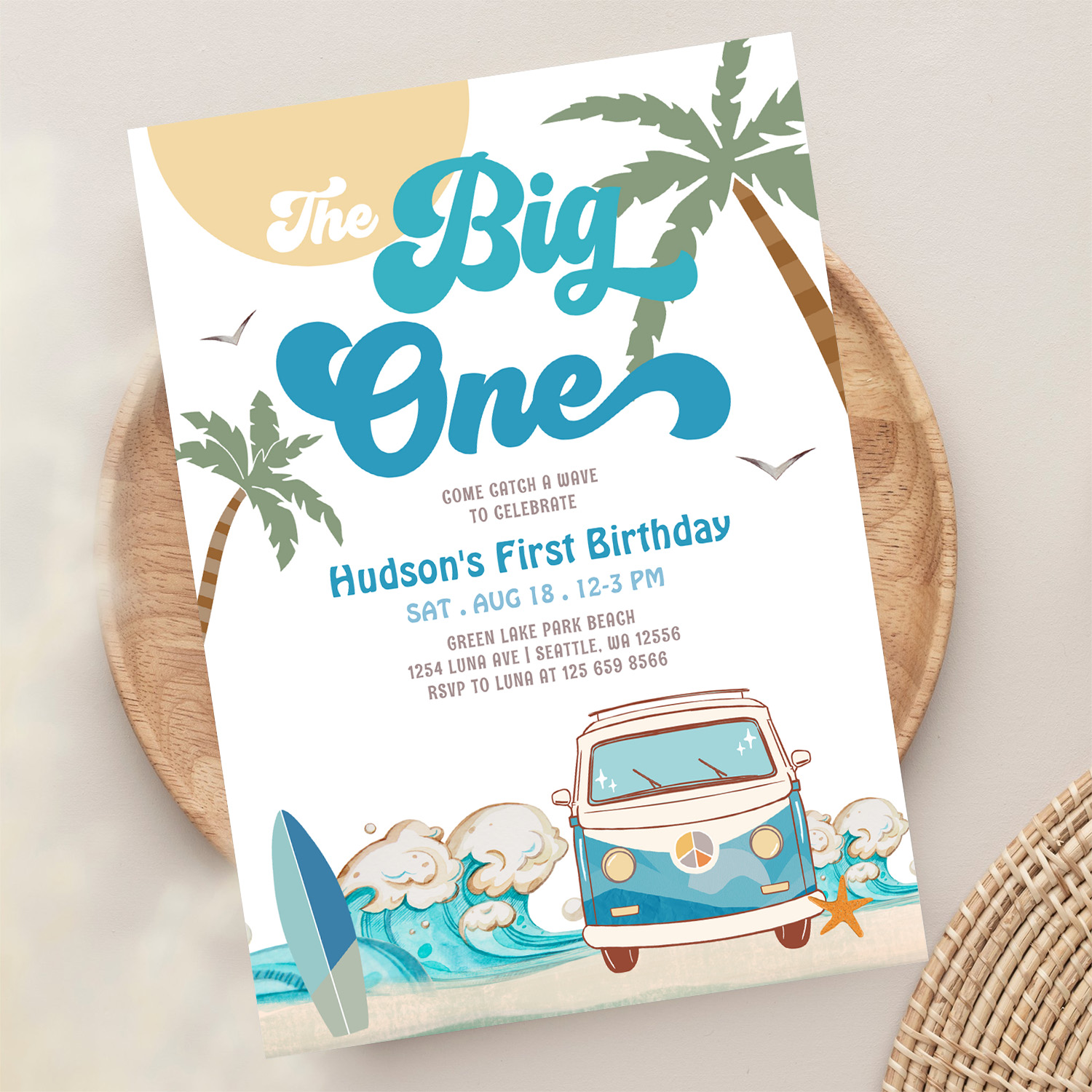 Retro Boy Big One Surfing 1st Birthday Party Invitation - Image 13