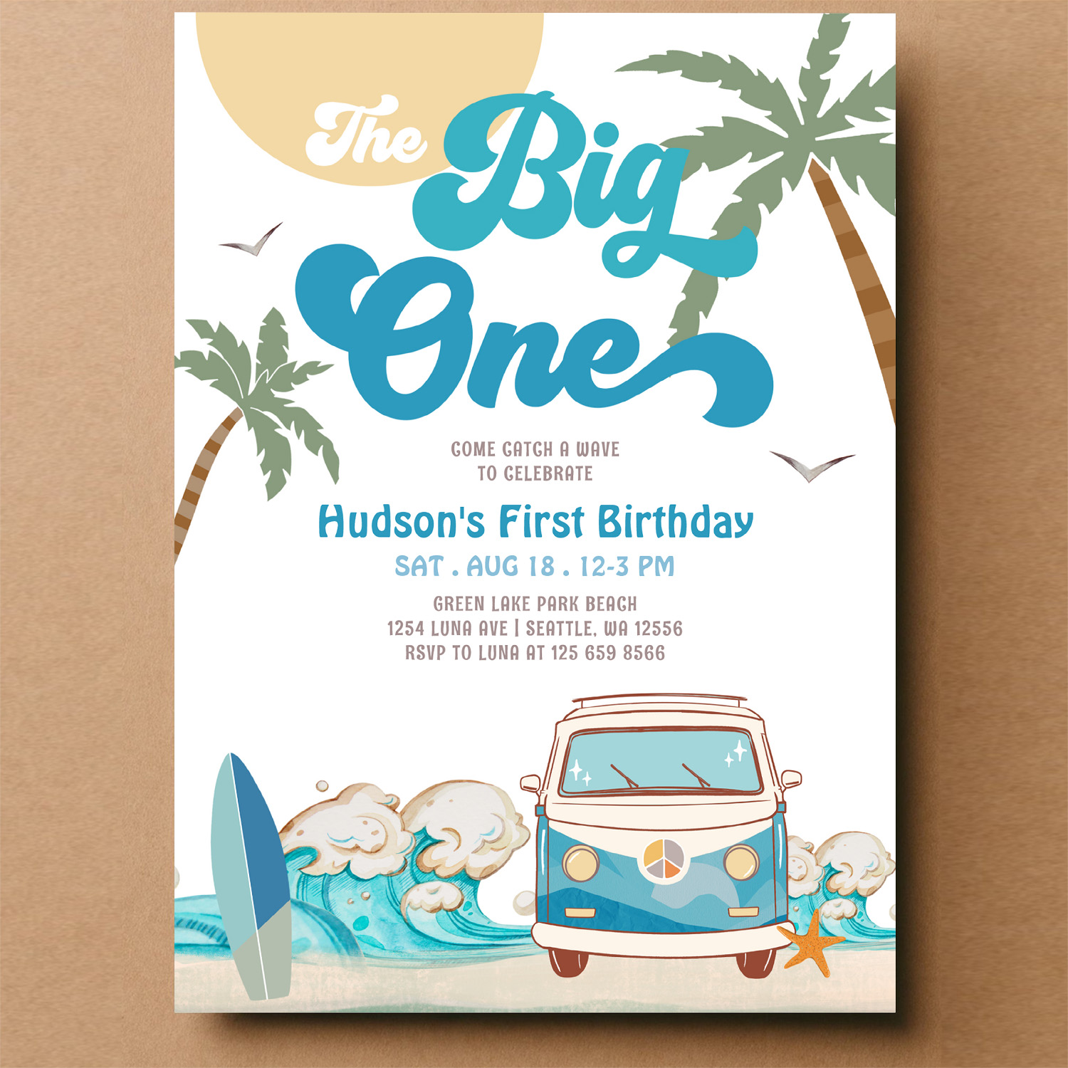 Retro Boy Big One Surfing 1st Birthday Party Invitation - Image 14