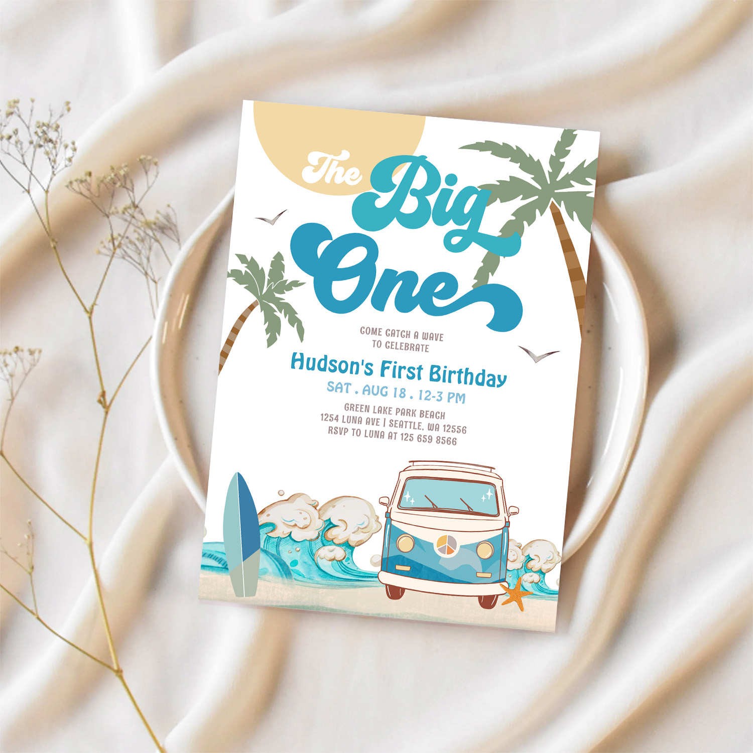 Retro Boy Big One Surfing 1st Birthday Party Invitation - Image 2