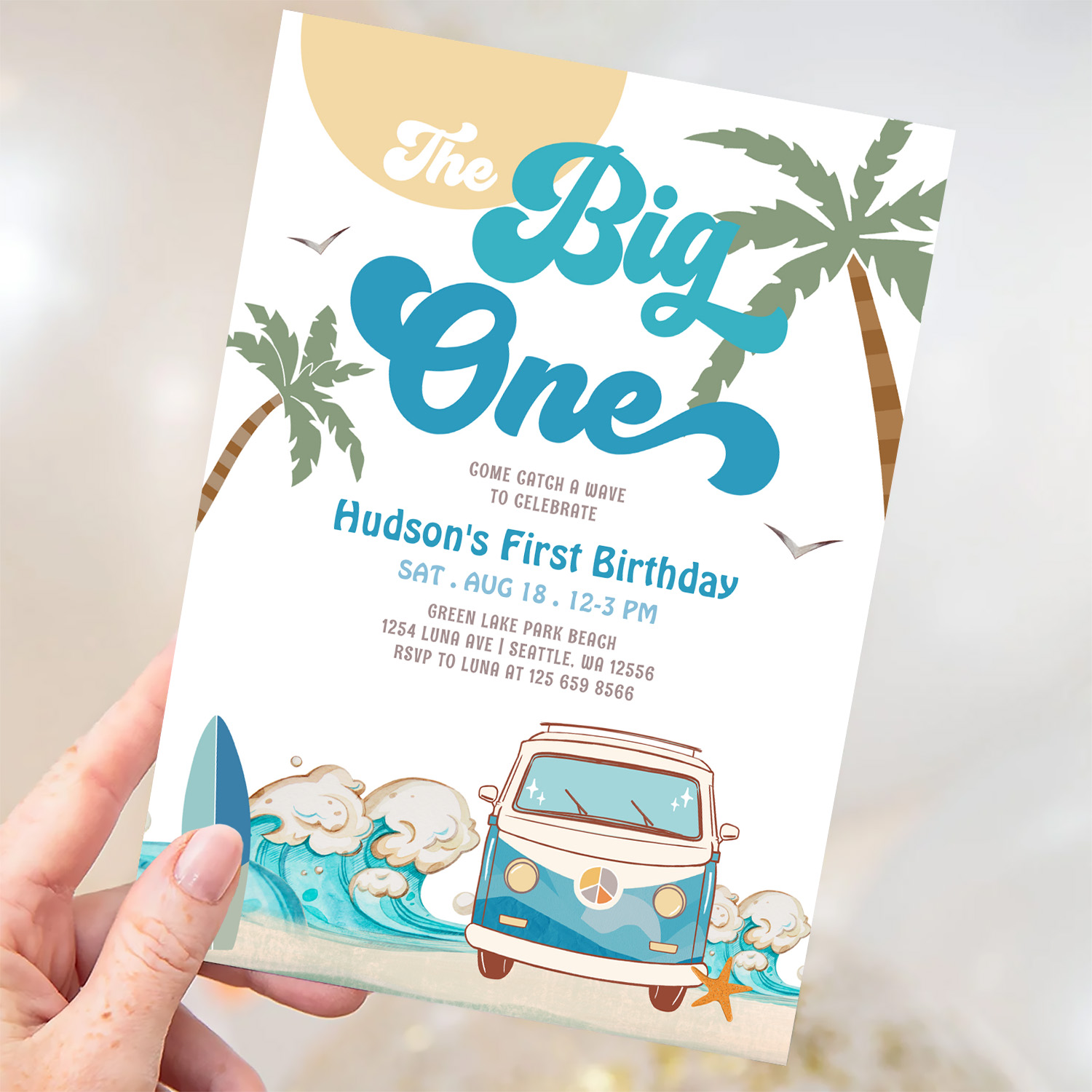 Retro Boy Big One Surfing 1st Birthday Party Invitation - Image 3