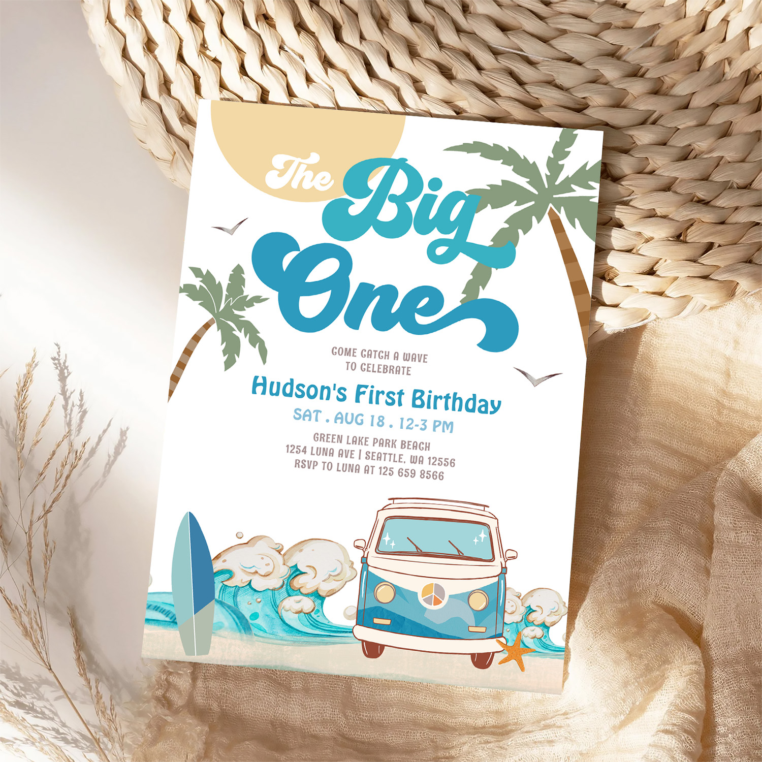 Retro Boy Big One Surfing 1st Birthday Party Invitation - Image 4