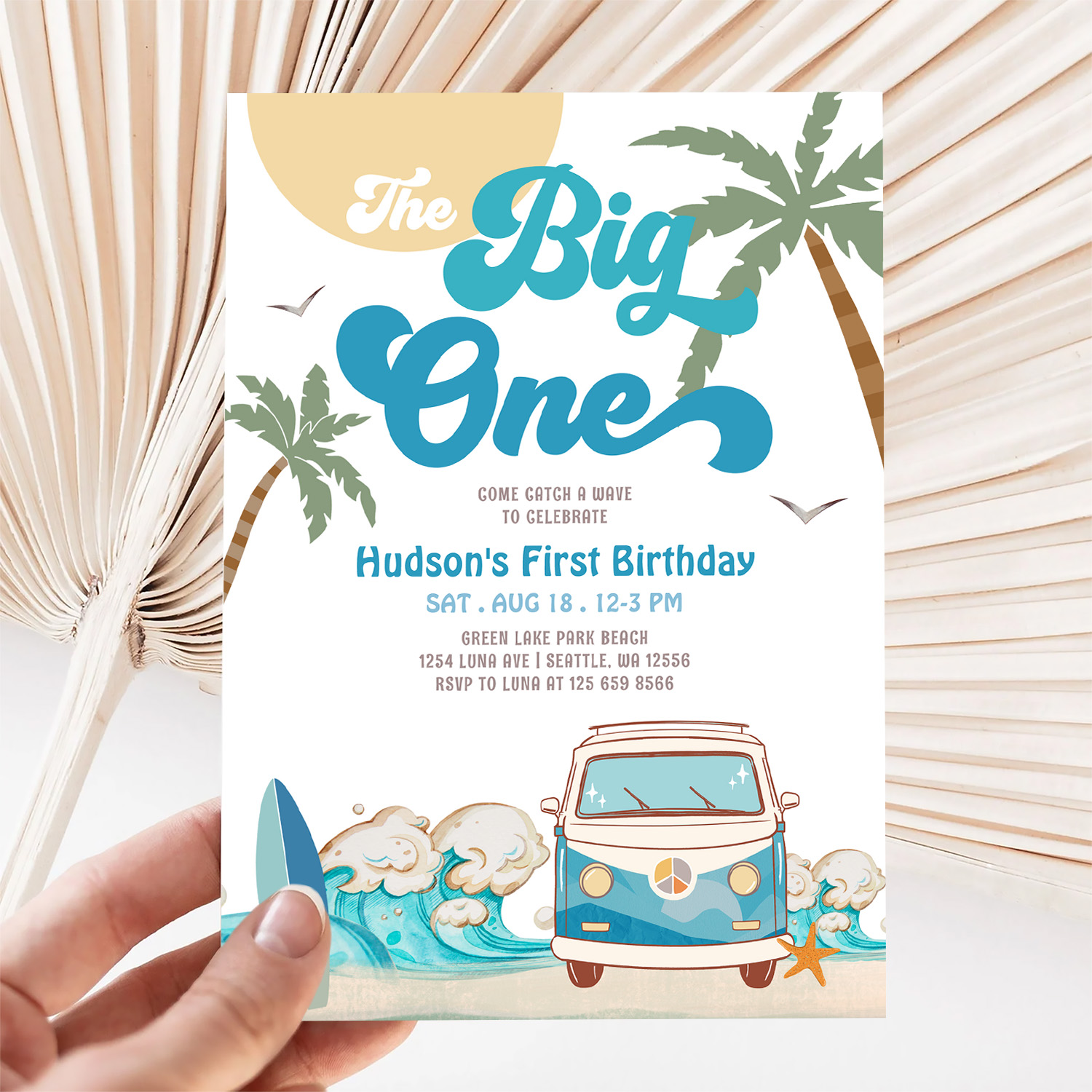 Retro Boy Big One Surfing 1st Birthday Party Invitation - Image 5