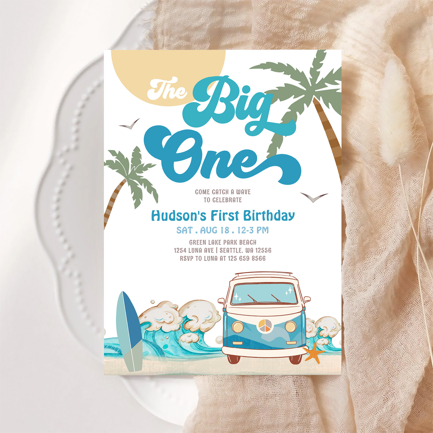 Retro Boy Big One Surfing 1st Birthday Party Invitation - Image 6