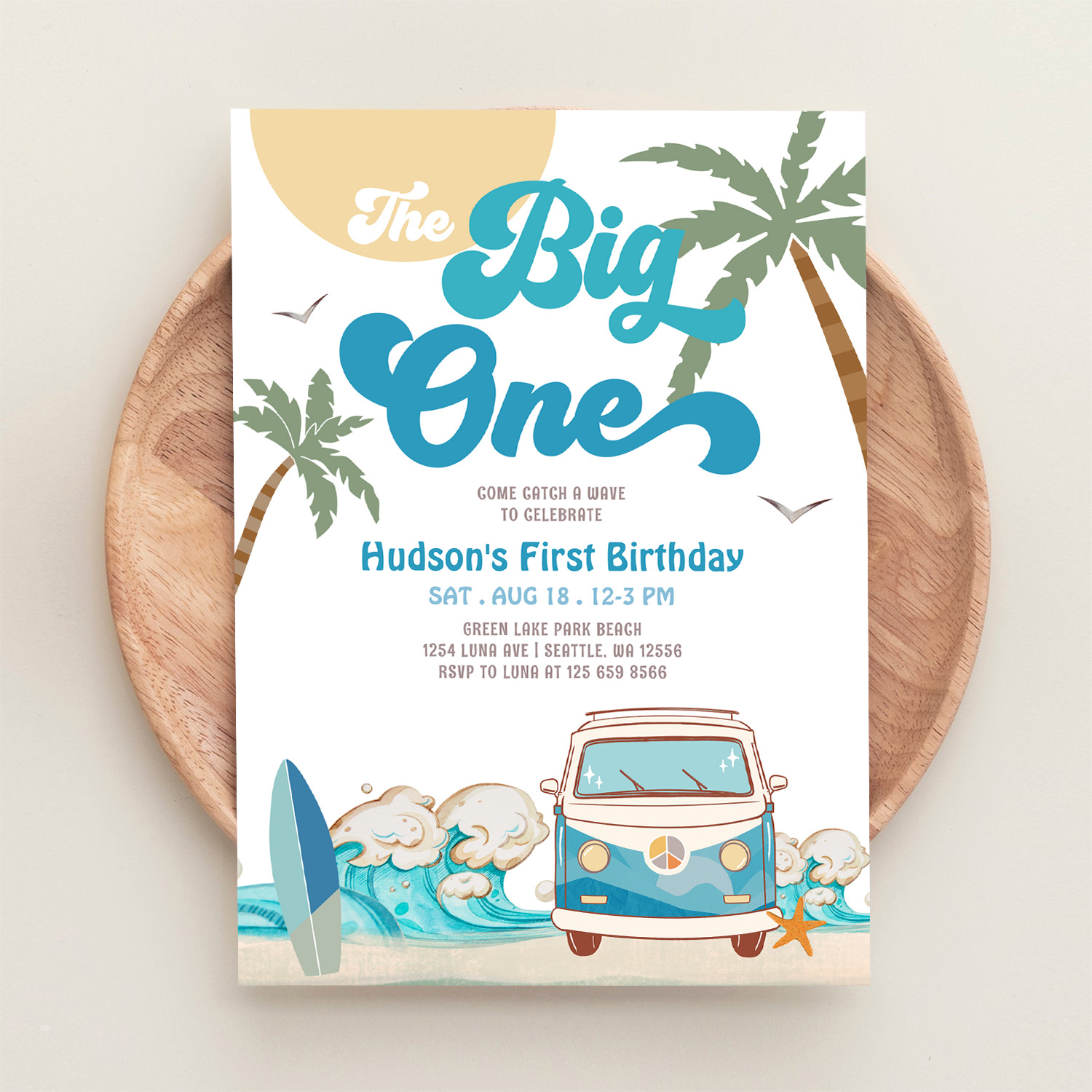 Retro Boy Big One Surfing 1st Birthday Party Invitation - Image 7