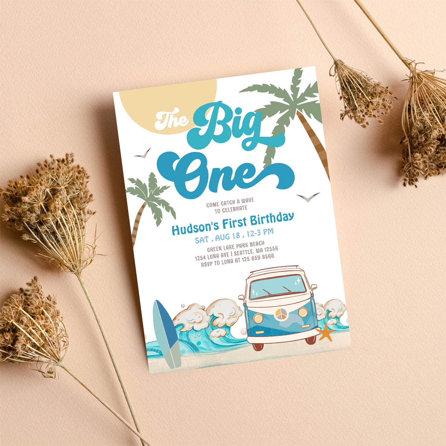 Retro Boy Big One Surfing 1st Birthday Party Invitation - Image 8