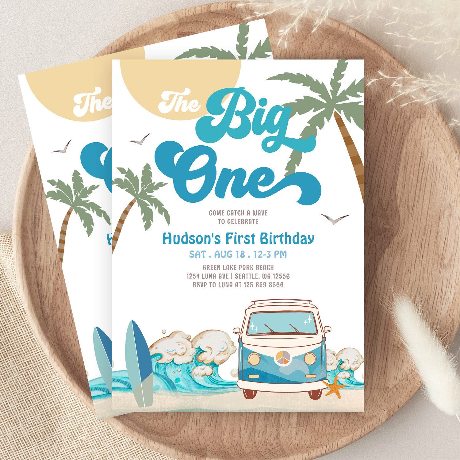 Retro Boy Big One Surfing 1st Birthday Party Invitation - Image 9