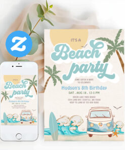 Retro Boy Its A Beach Party Surfing Birthday Part Invitation