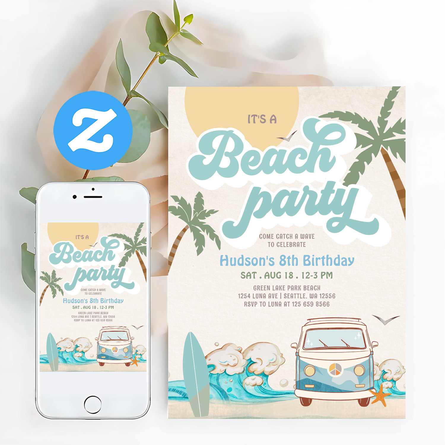 Retro Boy Its A Beach Party Surfing Birthday Part Invitation