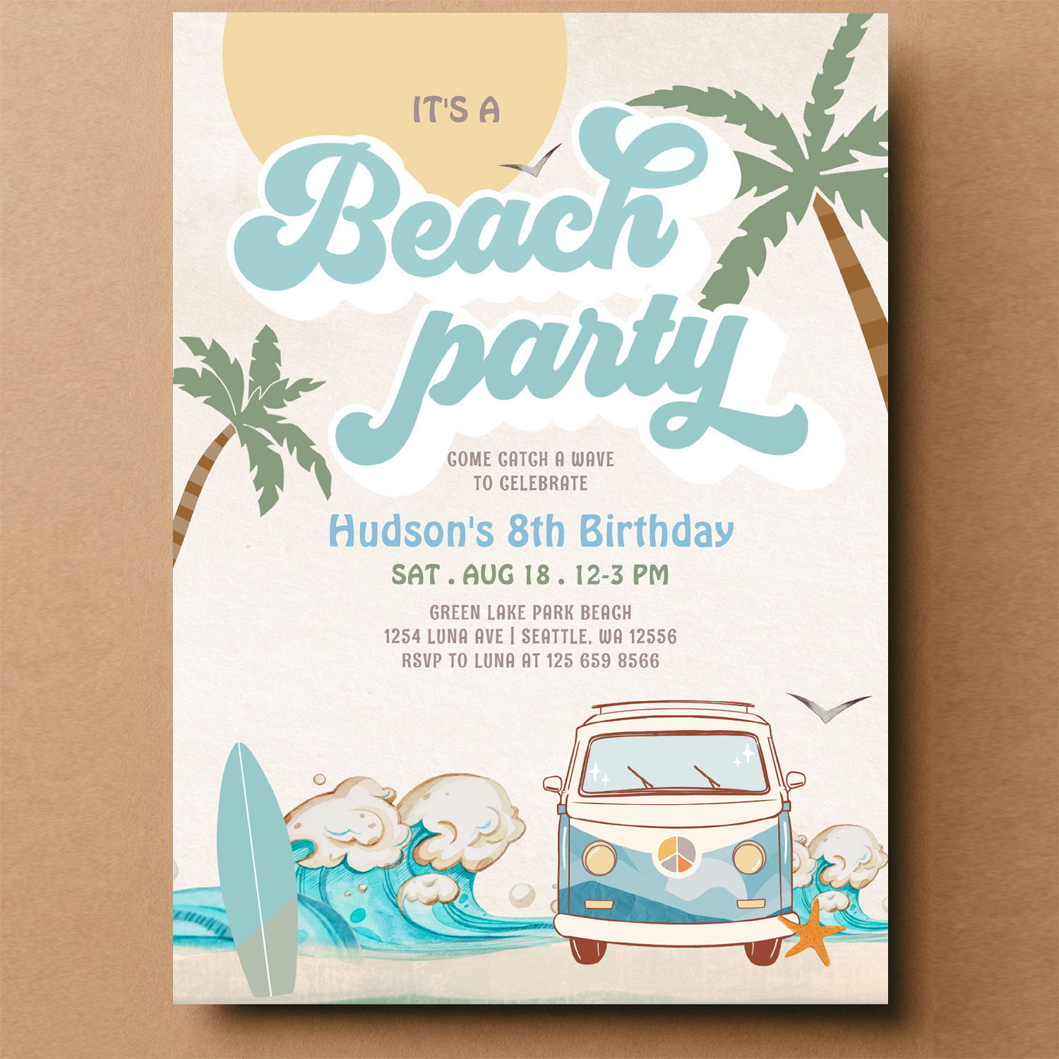 Retro Boy Its A Beach Party Surfing Birthday Part Invitation - Image 14