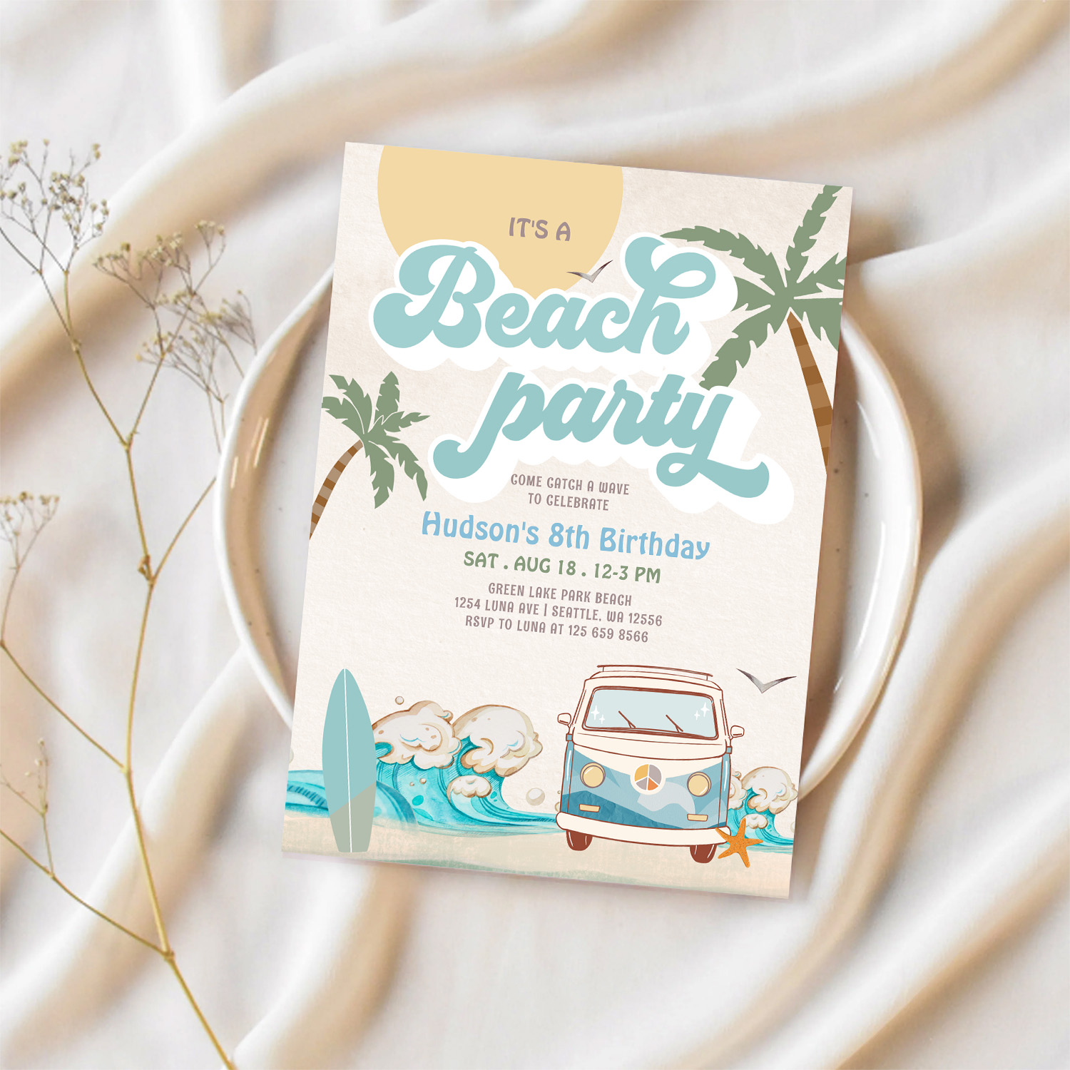 Retro Boy Its A Beach Party Surfing Birthday Part Invitation - Image 2