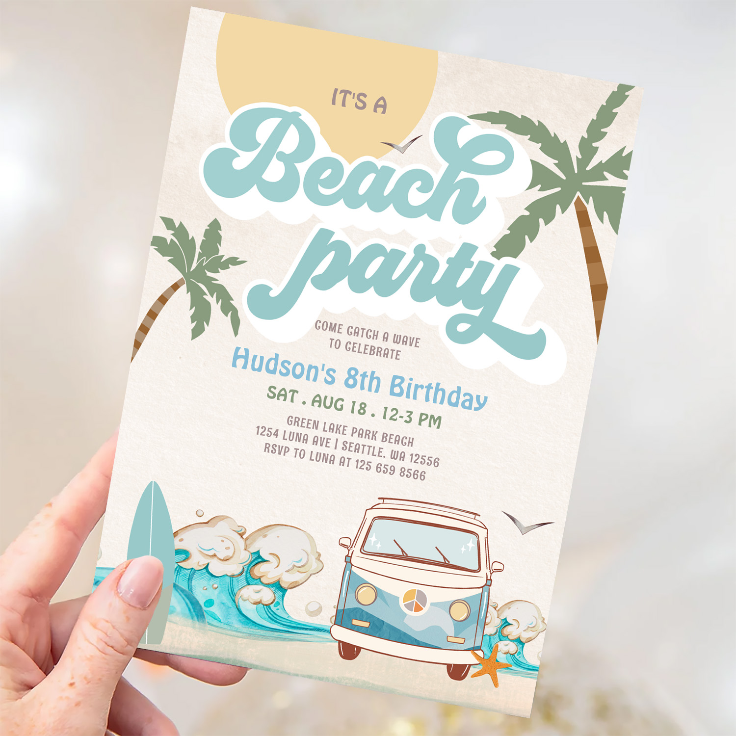 Retro Boy Its A Beach Party Surfing Birthday Part Invitation - Image 3