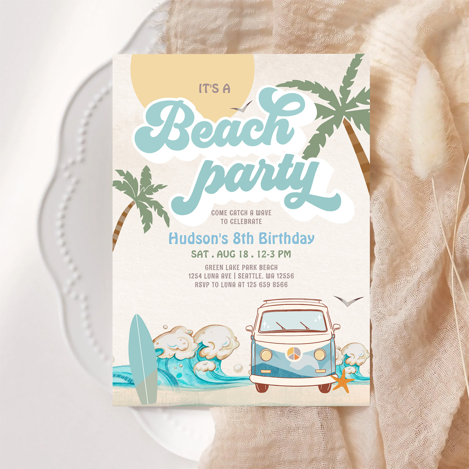 Retro Boy Its A Beach Party Surfing Birthday Part Invitation - Image 6