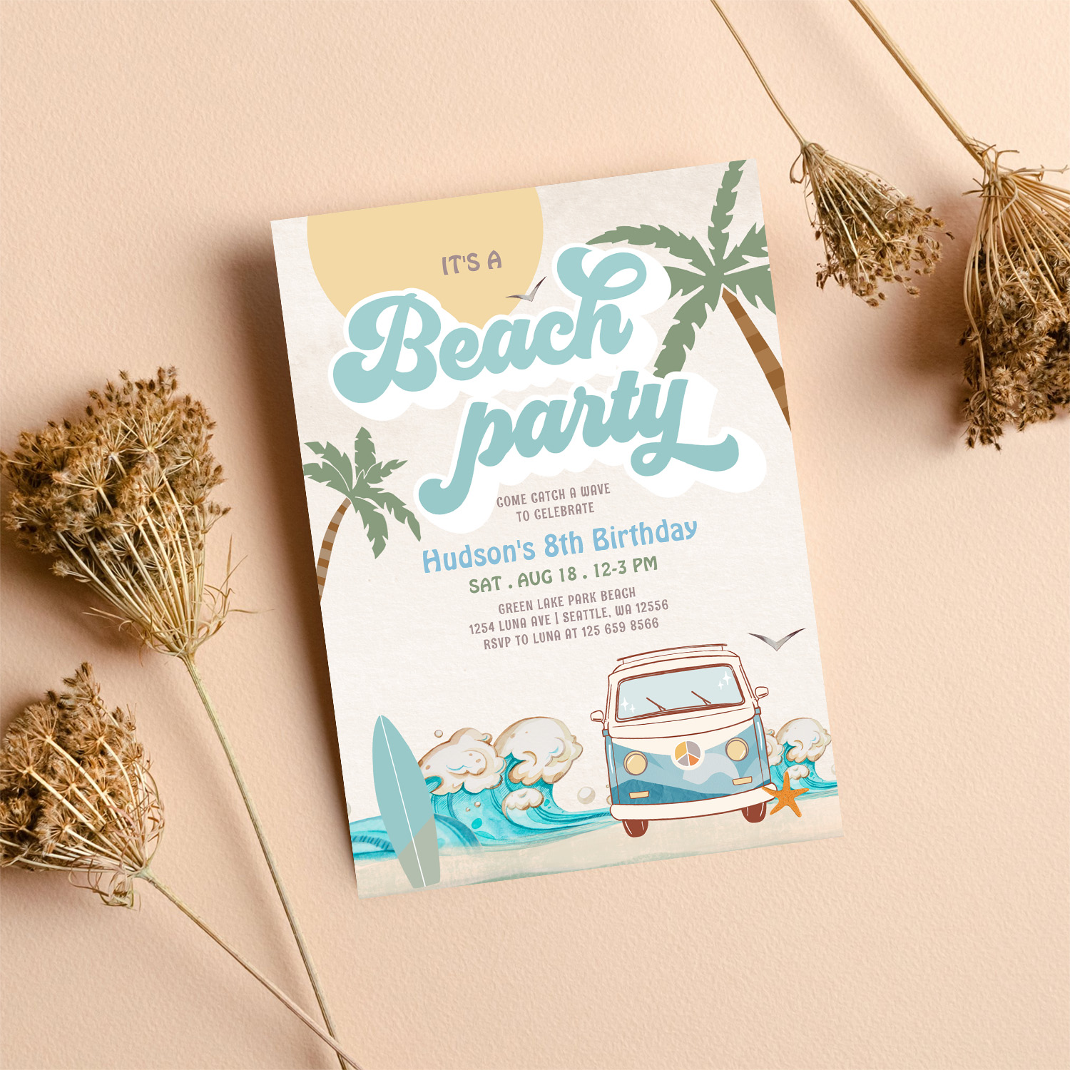 Retro Boy Its A Beach Party Surfing Birthday Part Invitation - Image 8